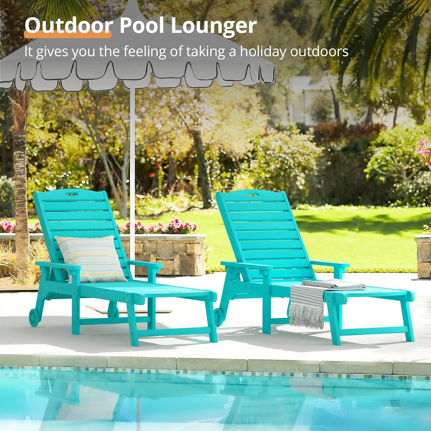 LUE BONA Outdoor Chaise Lounge Chairs Set of 4, HDPS Chaise Lounger, 5 Positions Adjustable Lounge Chairs, Pool Lounge Chair with Wheels for Poolside, 3 Year Warranty, Aruba Blue