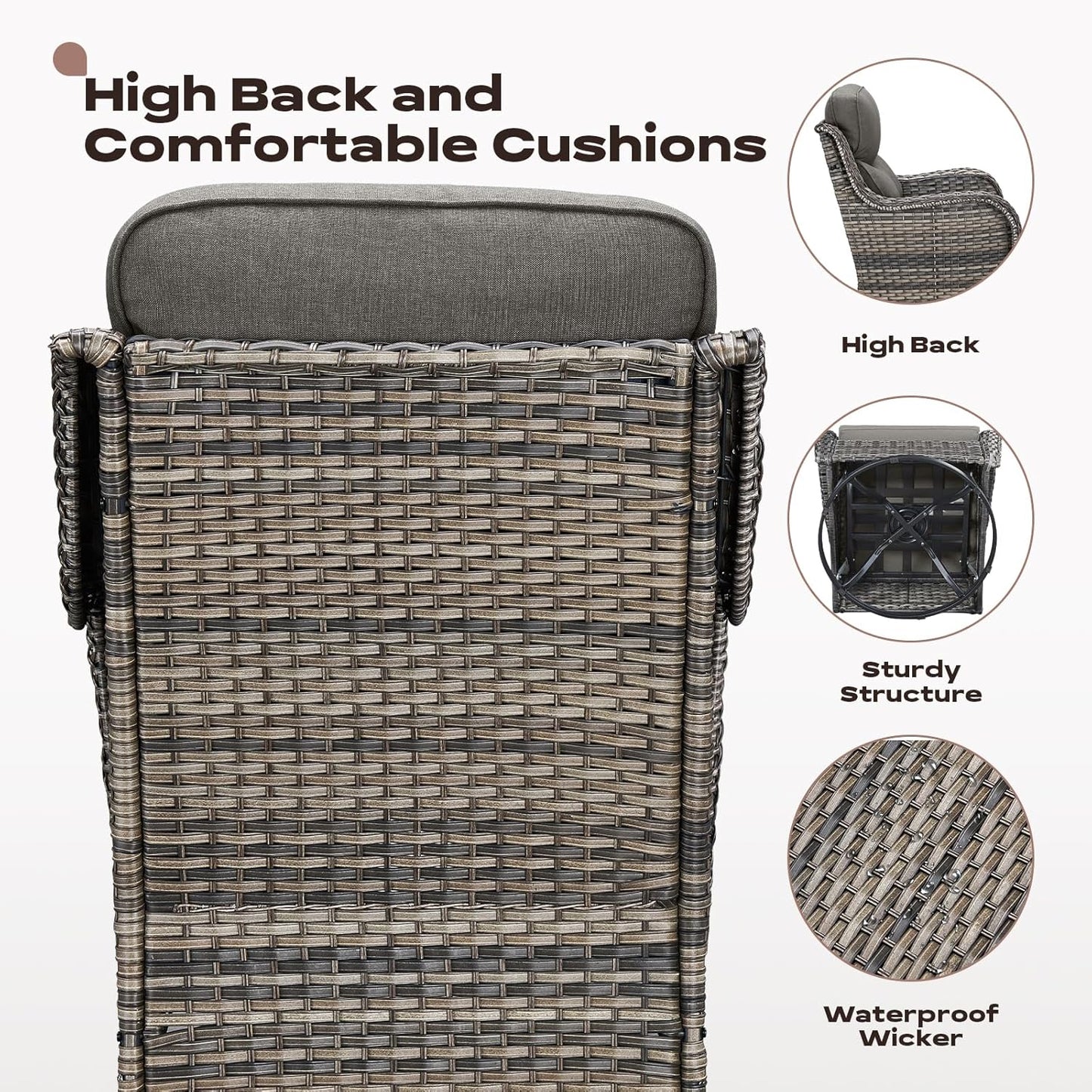 Wicker Outdoor Patio Furniture Set - 7 Piece Patio Conversation Sets with Swivel Rocker Chairs, Ottomans and Sofa, 6 inch Cushions, Waterproof Wicker, for Porch Deck Mixed Grey/Grey