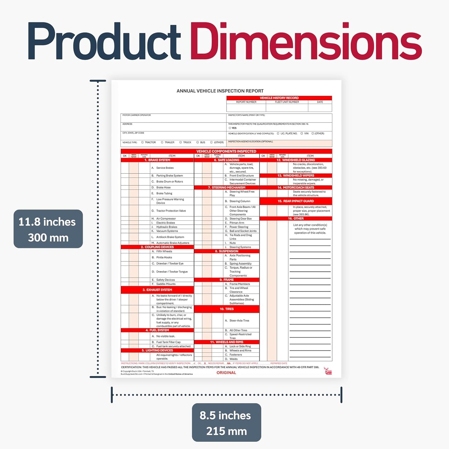 50 Pack 3-Ply Carbonless Annual Vehicle Inspection Report Forms with FMCSA Red Aluminum Adhesive Labels, DOT Inspection Forms and Stickers, Shrink-Wrapped, 8.5" x 11.75" - Made in USA