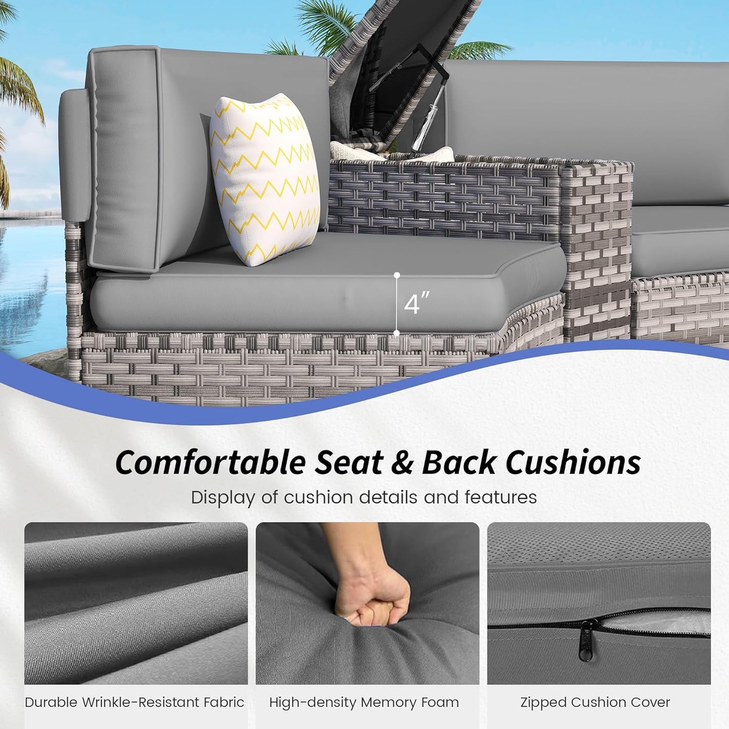 Patio Sectional Furniture Outdoor 7-Piece Grey Rattan Curved Sofa Set with Storage Table, Fit for Pool Backyard Balcony Porch Lawn (Grey)