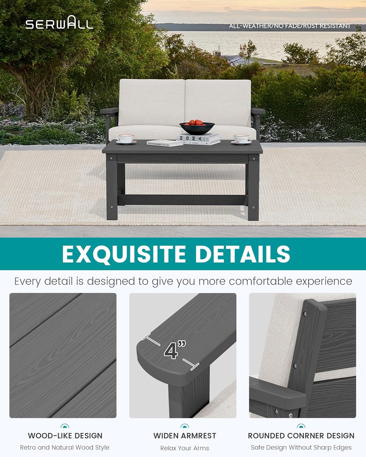 SERWALL Outdoor Loveseat, Grey Frame and Khaki Cushion