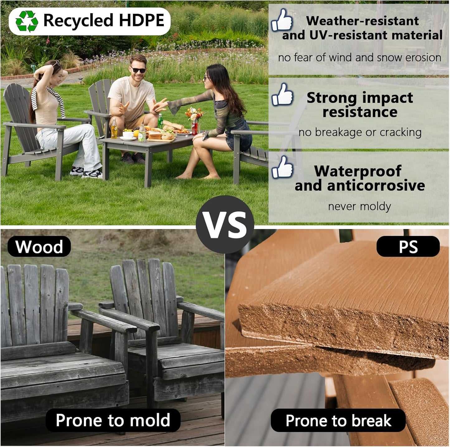 Stackable Adirondack Chair Set of 2, HDPE Outdoor Patio Chair - Durable and Space Saving, Suitable for Porches, Lawns or Garden, Grey
