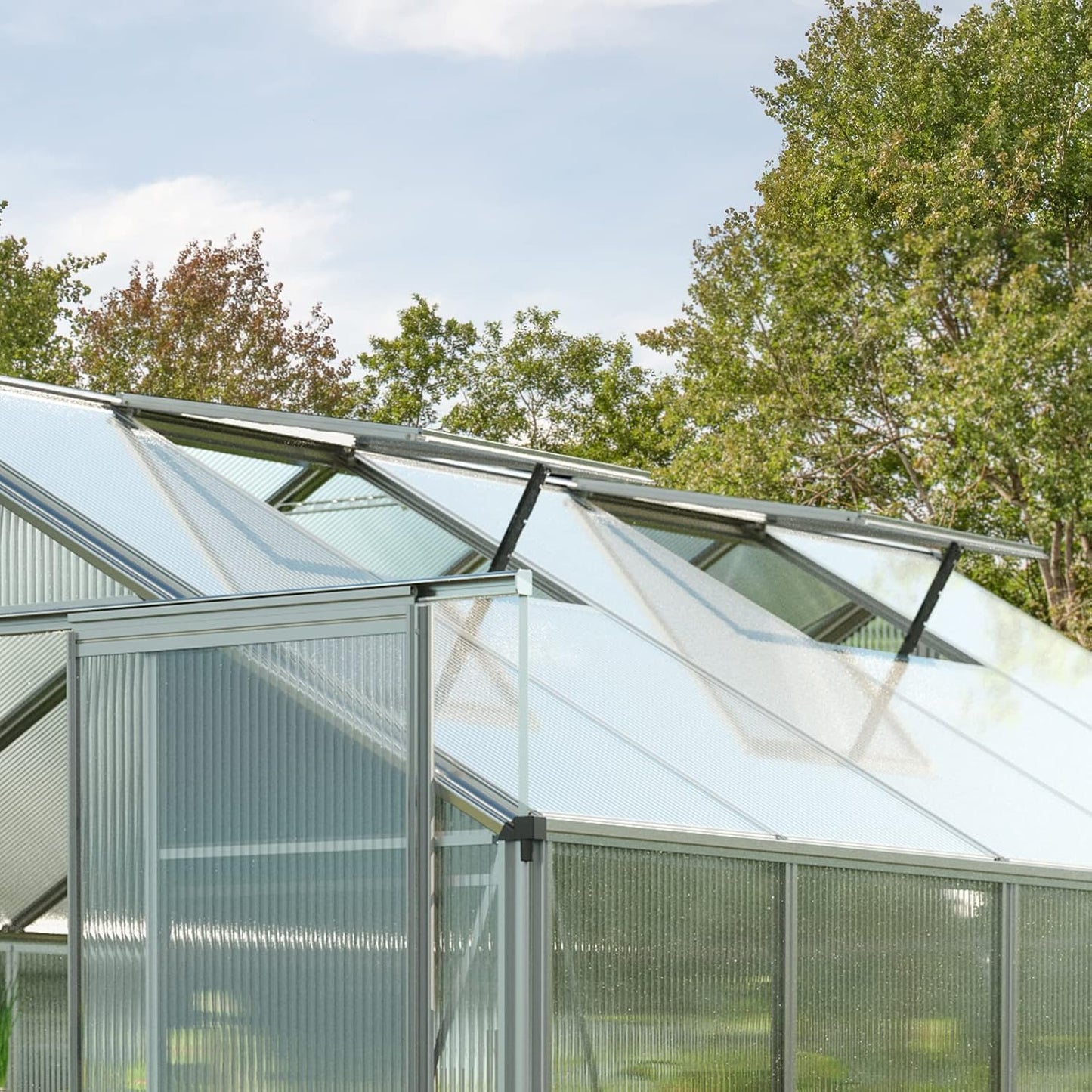 Greenhouse Topas 7 Aluminum Frame 7.4 x 14.7 ft Approx. 6 mm Polycarbonate Panels - with Bonus Base Frame and Automatic Vent Opener