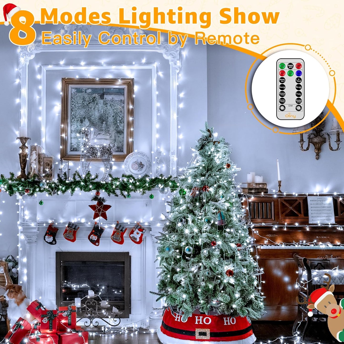 Ollny Outdoor String Lights 800LED 262FT, Cool White Waterproof Fairy Light with Remote Plug in, 8 Modes Timers Dimmable Christmas Lights for Outside Indoor Bedroom Patio Camping Garden