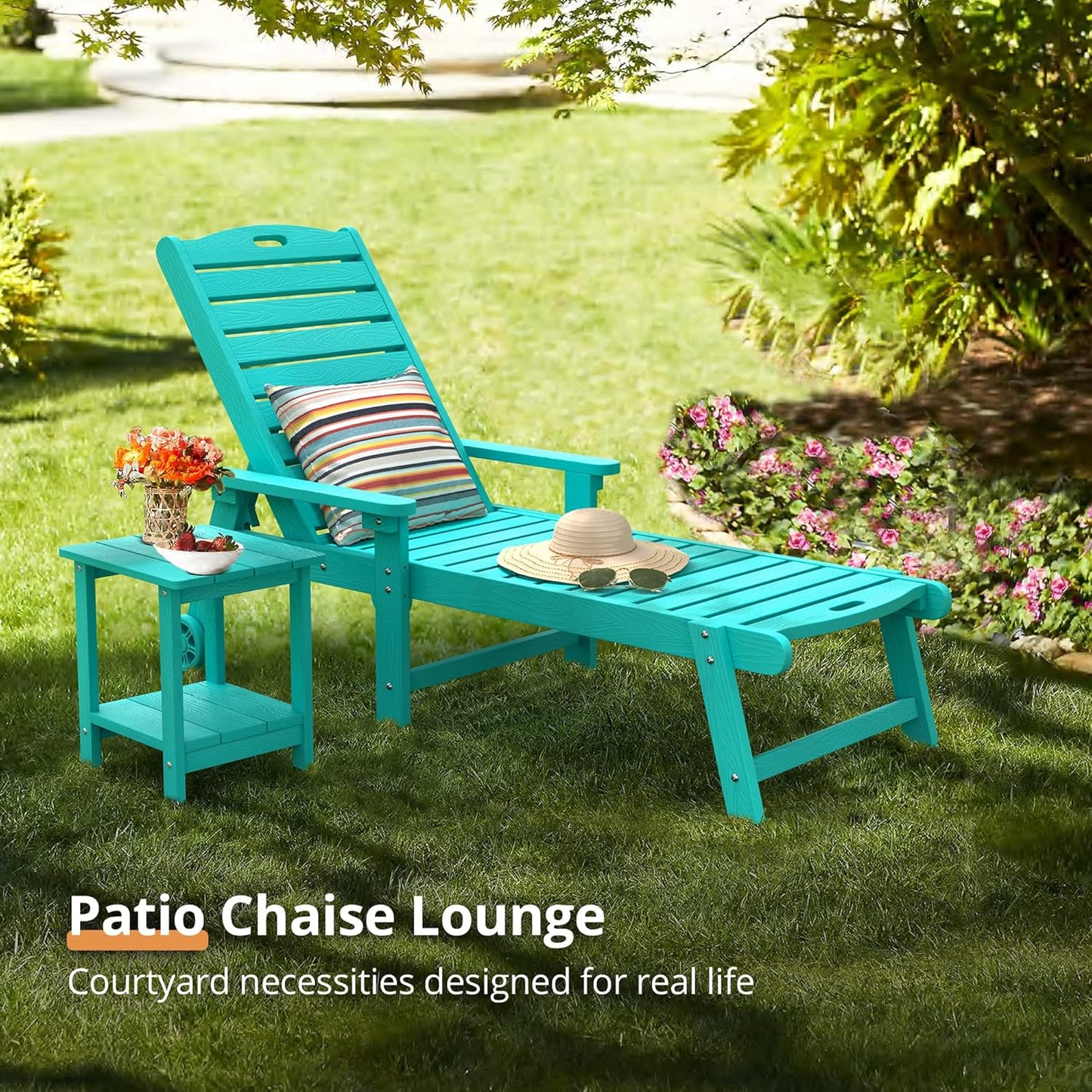 LUE BONA Outdoor Chaise Lounge Chairs Set of 2, HDPS Chaise Lounger, 5 Positions Adjustable Lounge Chairs, Pool Lounge Chair with Wheels for Poolside, 3 Year Warranty, Aruba Blue