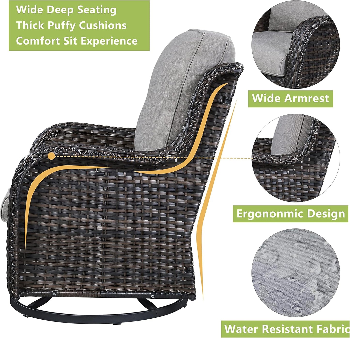 Outdoor Wicker Patio Furniture Set - 5 Piece Rattan Patio Conversation Set with 2 Rocking Swivel Chairs,2 Ottomans and 1 Loveseat for Porch Deck Backyard Garden(Brown/Grey)