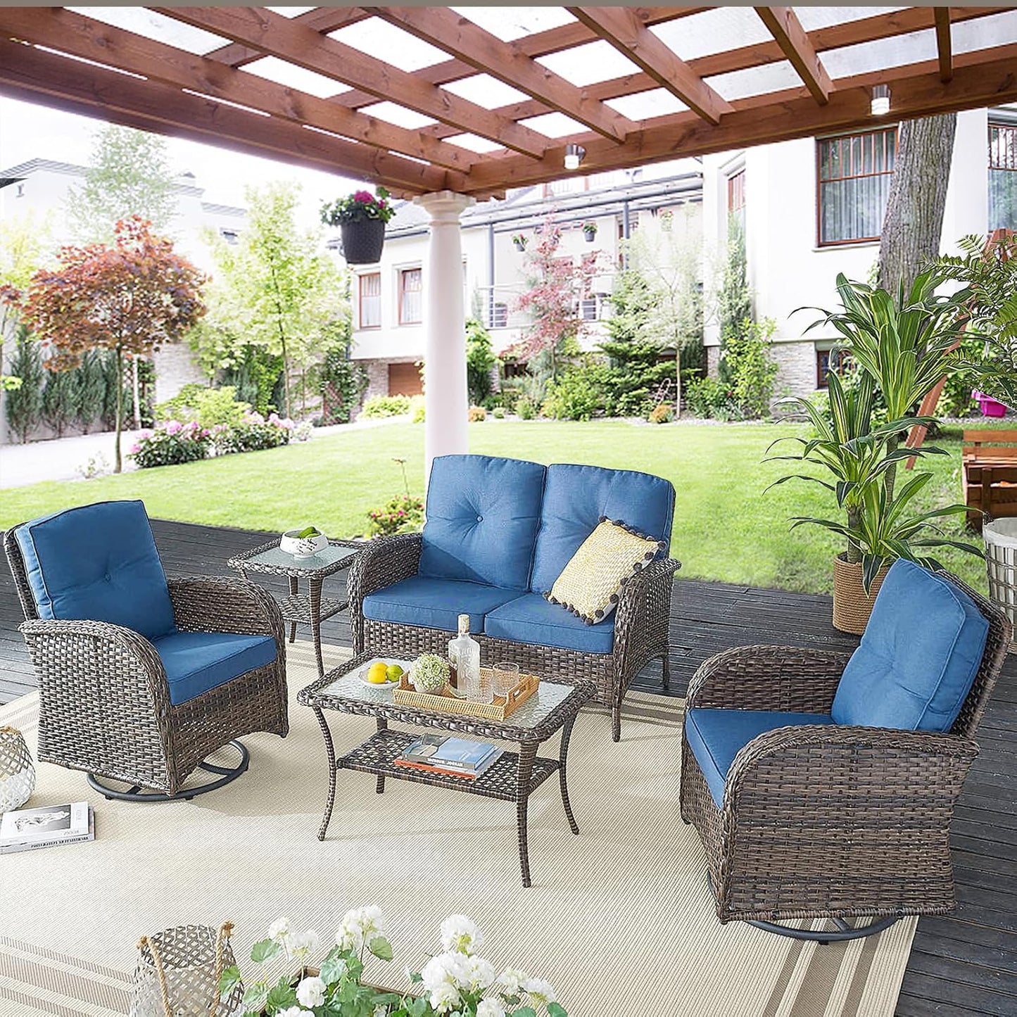 Patio Wicker Furniture with Swivel Rocker Chairs Loveseat, 5 Piece Rattan Furniture Outdoor Table and Chairs Set for Patio Deck Porch Backyard