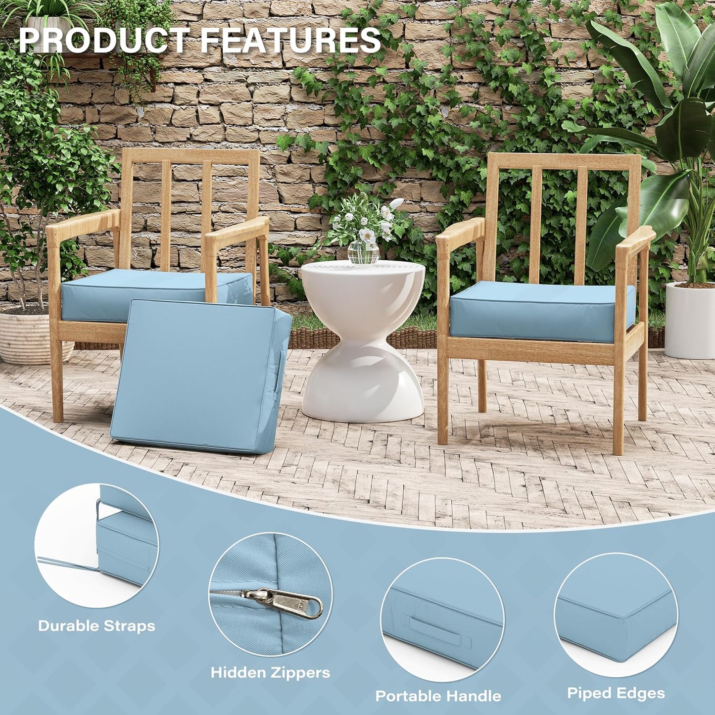 Patio Chair Cushions 18.5 X 16 X 4 Inch Waterproof Outdoor Seat Cushions for Patio Furniture, Outdoor Sofa Couch Pads with Ties & Handle, Set of 2, Light Blue