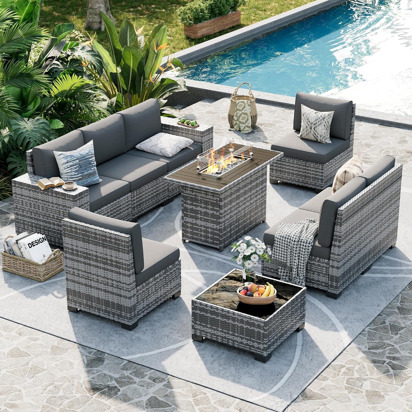 UDPATIO Patio Furniture Set with Fire Pit Table, 8 Inch Armrest Outdoor Sectional Sofa, 9 Piece Wicker Outdoor Furniture Conversation Sets with Waterproof Cover for Backyard Deck(Grey/Dark Grey)