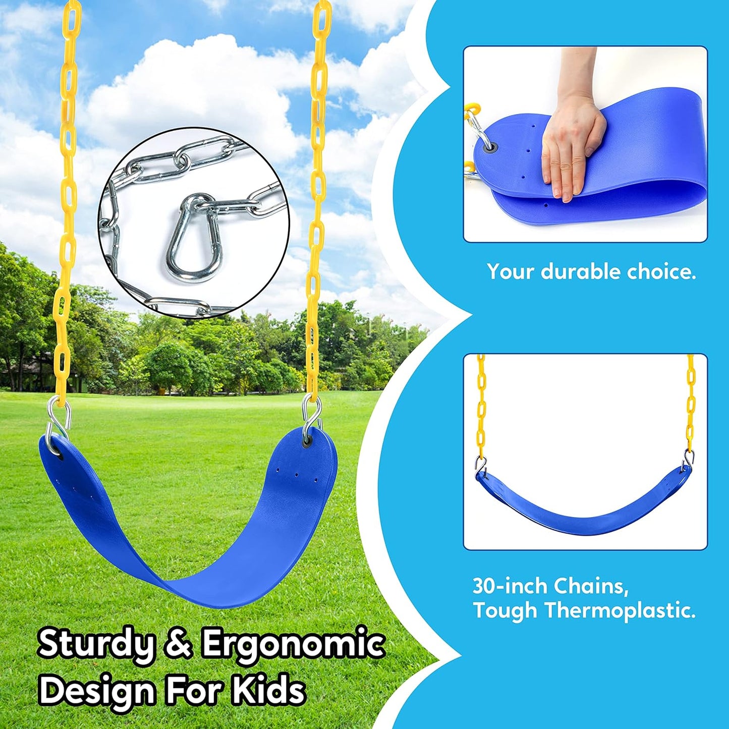 TURFEE 2 Pack Swing for Outdoor Swing Set, Swing Seat Replacement Kit with 66" Heavy Duty Chains, 4 Snap Hook for Kids Outdoor Play Playground, Trees, Playground (Blue)
