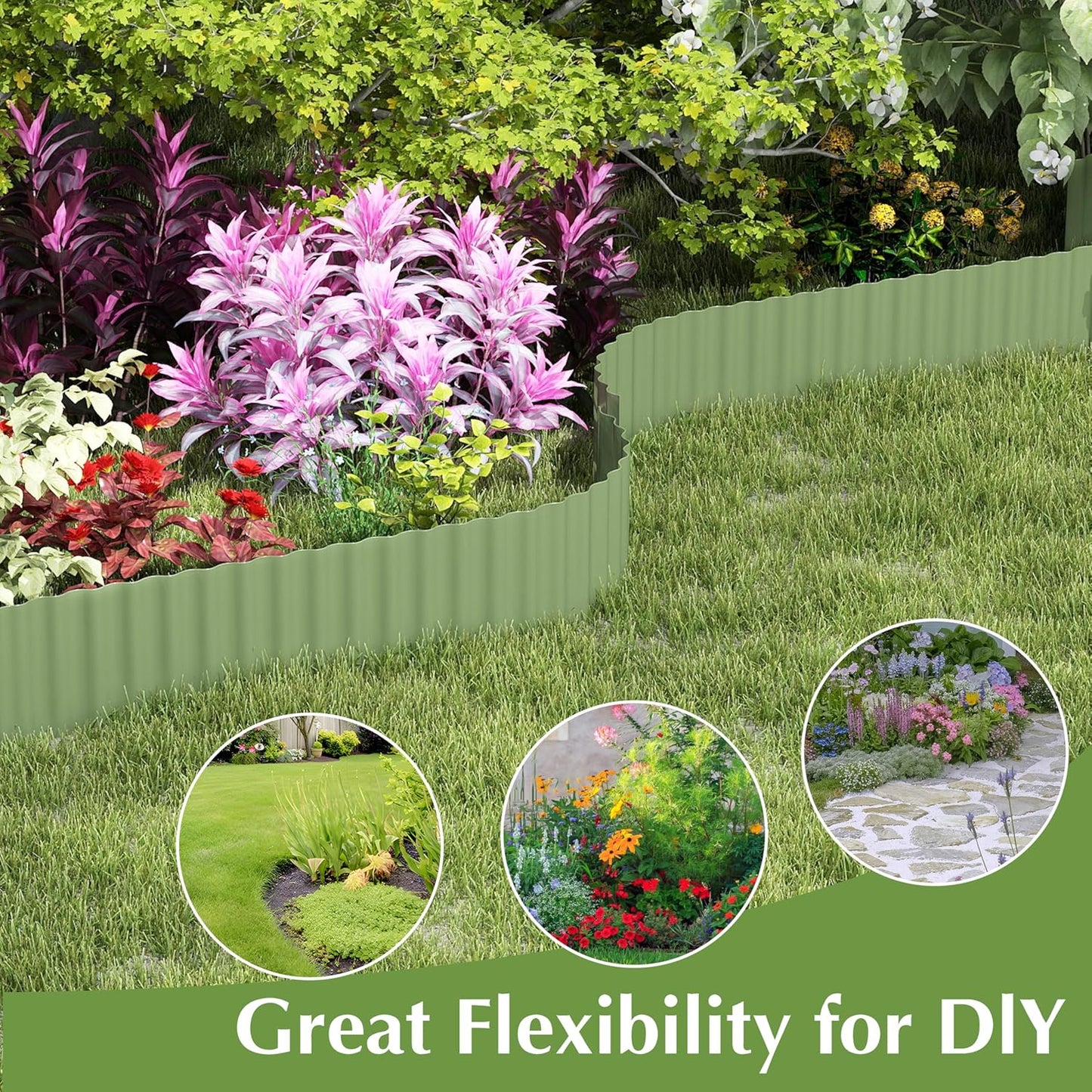 Metal Garden Edging Border, Corrugated Steel Landscaping, DIY for Lawn (Green, 6 Inch x 20FT)