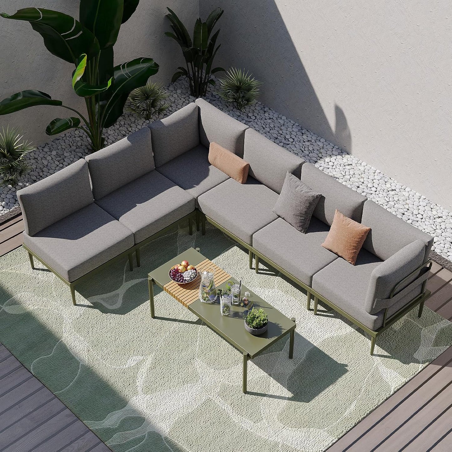 Sundale Outdoor 7 Pieces Metal Patio Furniture Set, Outdoor Sectional Sofa w/6 Inch Olefin Cushion and Coffee Table, Modern Outdoor Conversation Sets