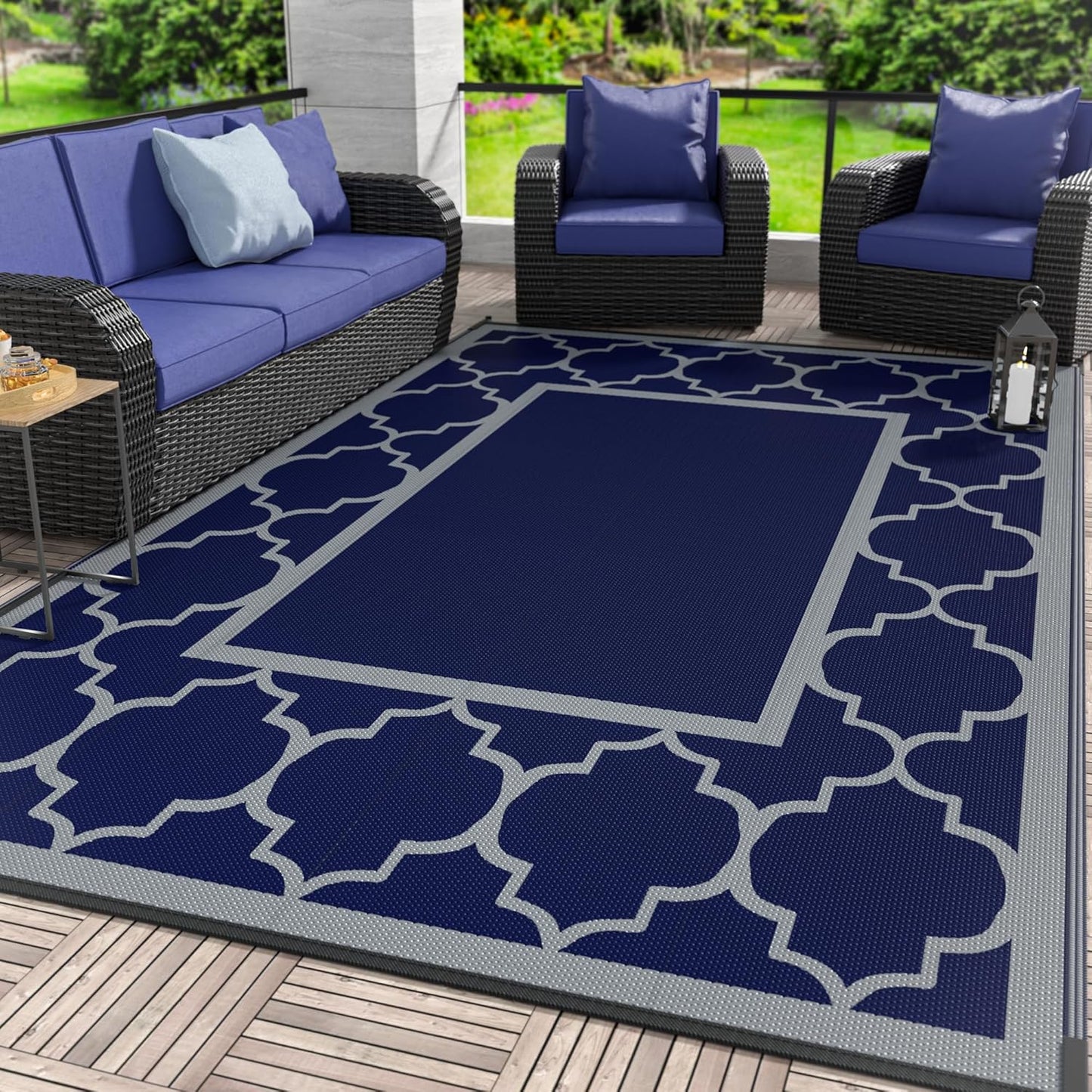 GENIMO 6' x 9' Outdoor Rug Waterproof for Patio Decor, Foldable Reversible Plastic Straw Area Rugs Mat for Camper, Outside Carpet for Rv, Deck, Porch, Picnic, Beach, Balcony, Blue & Grey