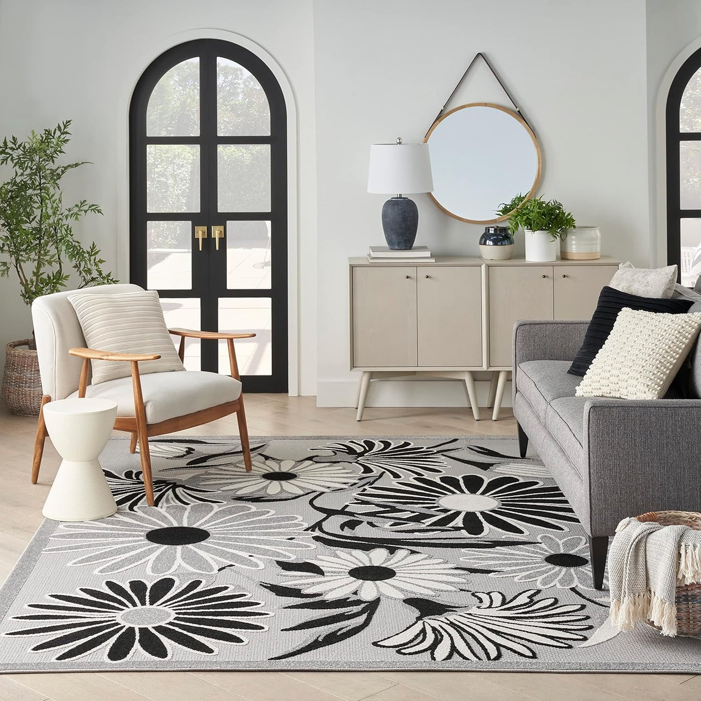 Nourison Home Aloha Indoor/Outdoor Black White 5'3" x 7'5" Area Rug, Easy Cleaning, Non Shedding, Bed Room, Living Room, Dining Room, Kitchen (5x7)