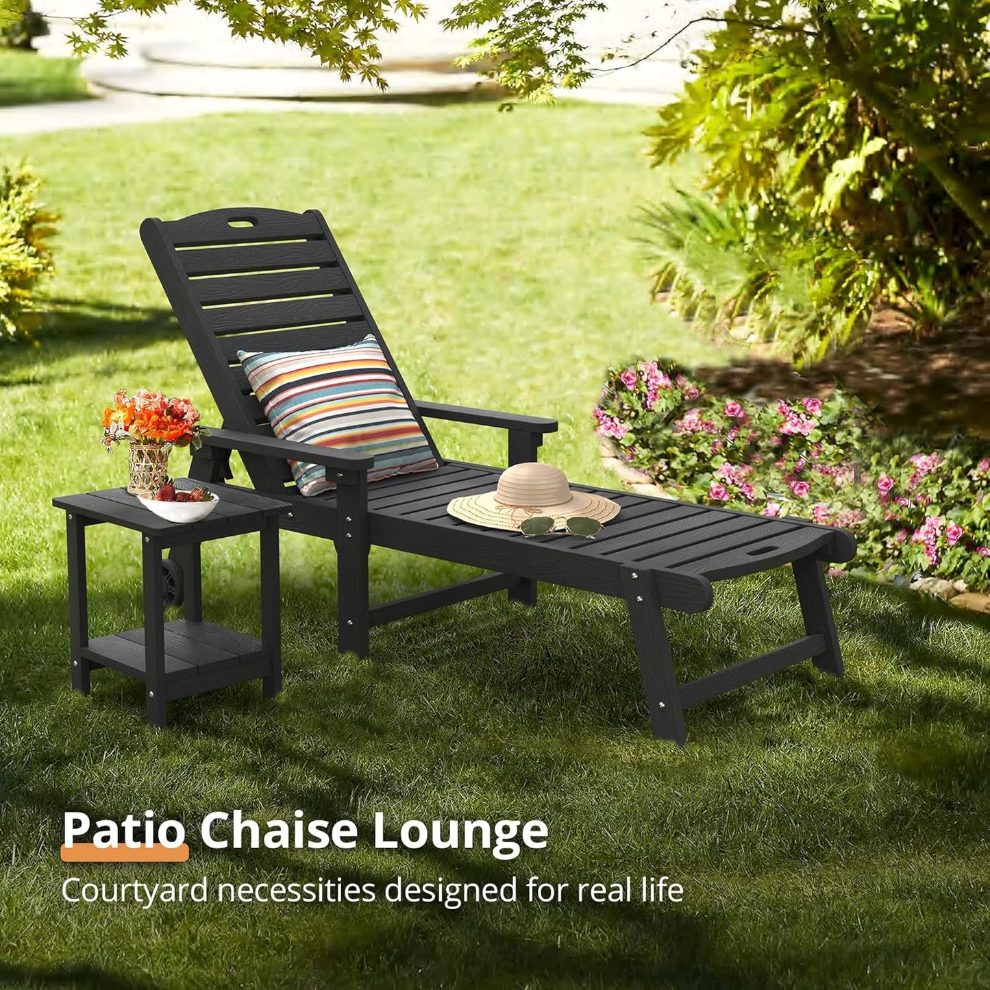 LUE BONA Outdoor Chaise Lounge Chairs Set of 2, 79'' Oversized HDPS Chaise Lounger, 5 Positions Adjustable Lounge Chairs, Pool Lounge Chair with Wheels for Poolside, Backyard, 3 Year Warranty, Black