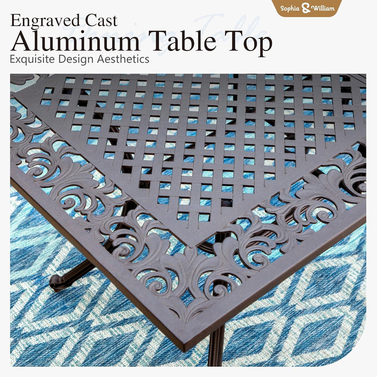 Sophia & William 7 Pieces Cast Aluminium Patio Dining Set for 6, Outdoor Swivel Rocking Chairs and Rectangular Table with 2.3" Umbrella Hole for Porch Backyard Deck, Bronze