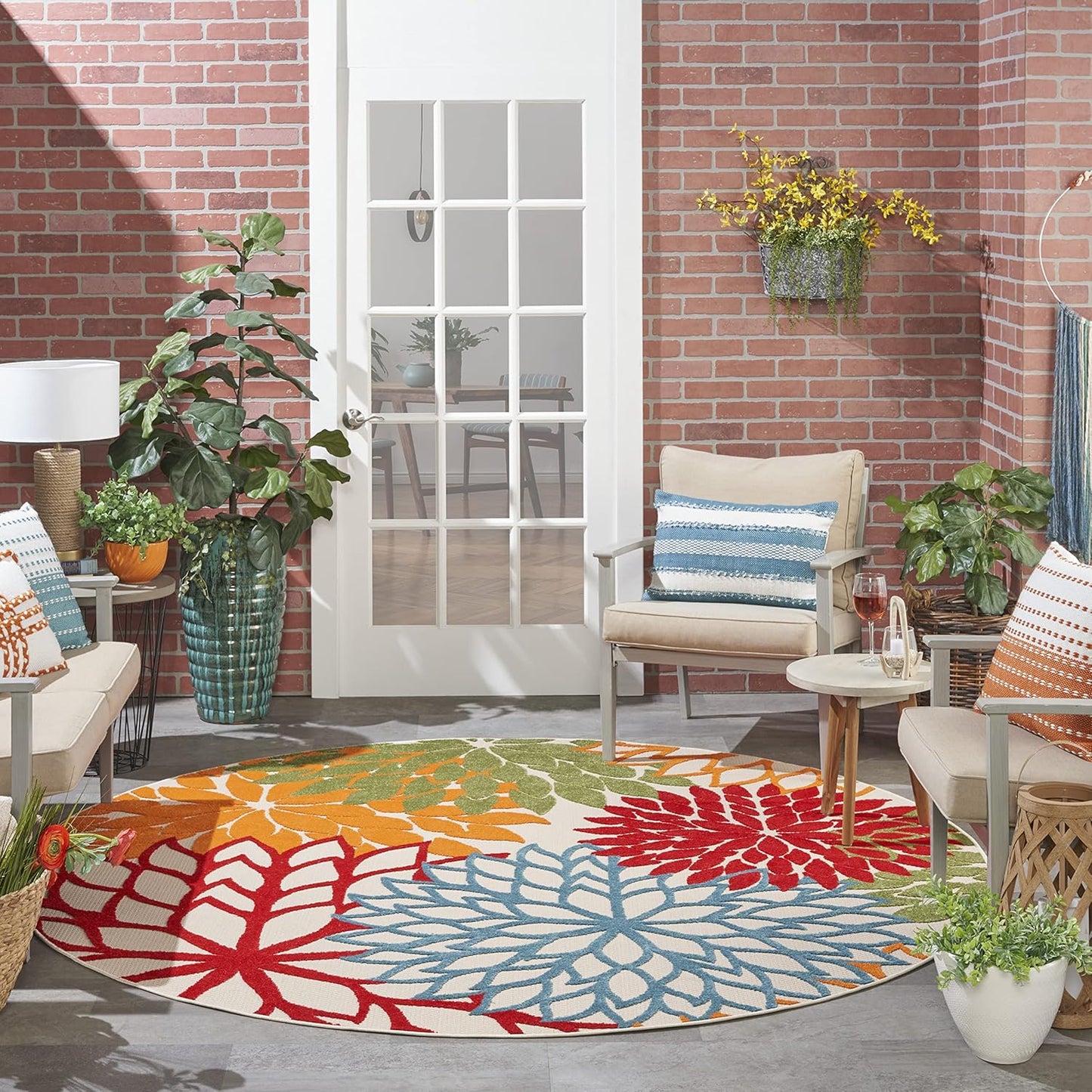 Nourison Home Aloha Indoor/Outdoor Green 7'10'' x Round Area-Rug, Tropical, Botanical, Easy Clean, Non Shedding, Bed Room, Living Room, Dining Room, Deck, Backyard, Patio (8 Round)