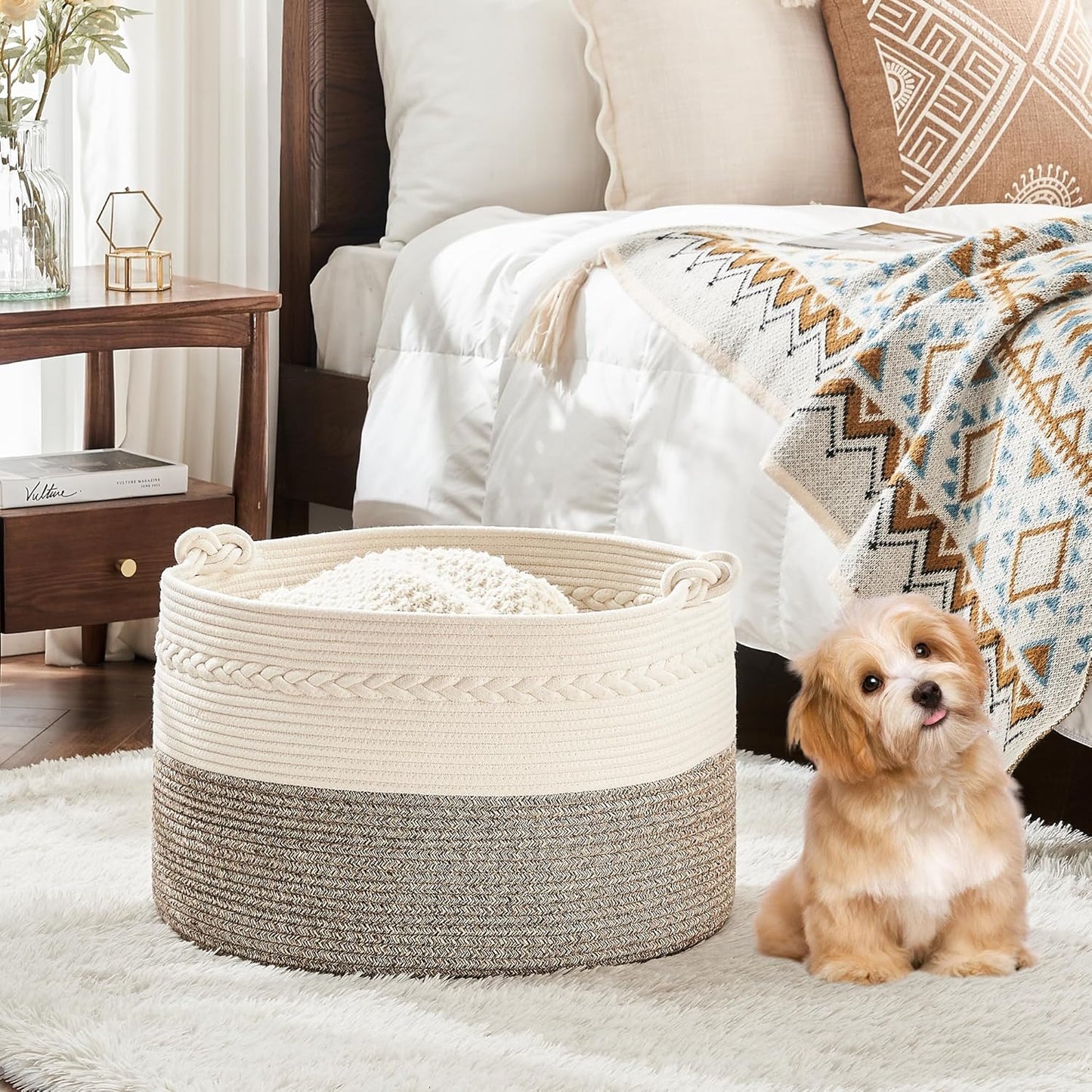 KAKAMAY Large Blanket Basket (20"x13"),Woven Baskets for storage Baby Laundry Hamper, Cotton Rope Blanket Basket for Living Room, Laundry, Nursery, Pillows, Baby Toy chest (White/Beige)