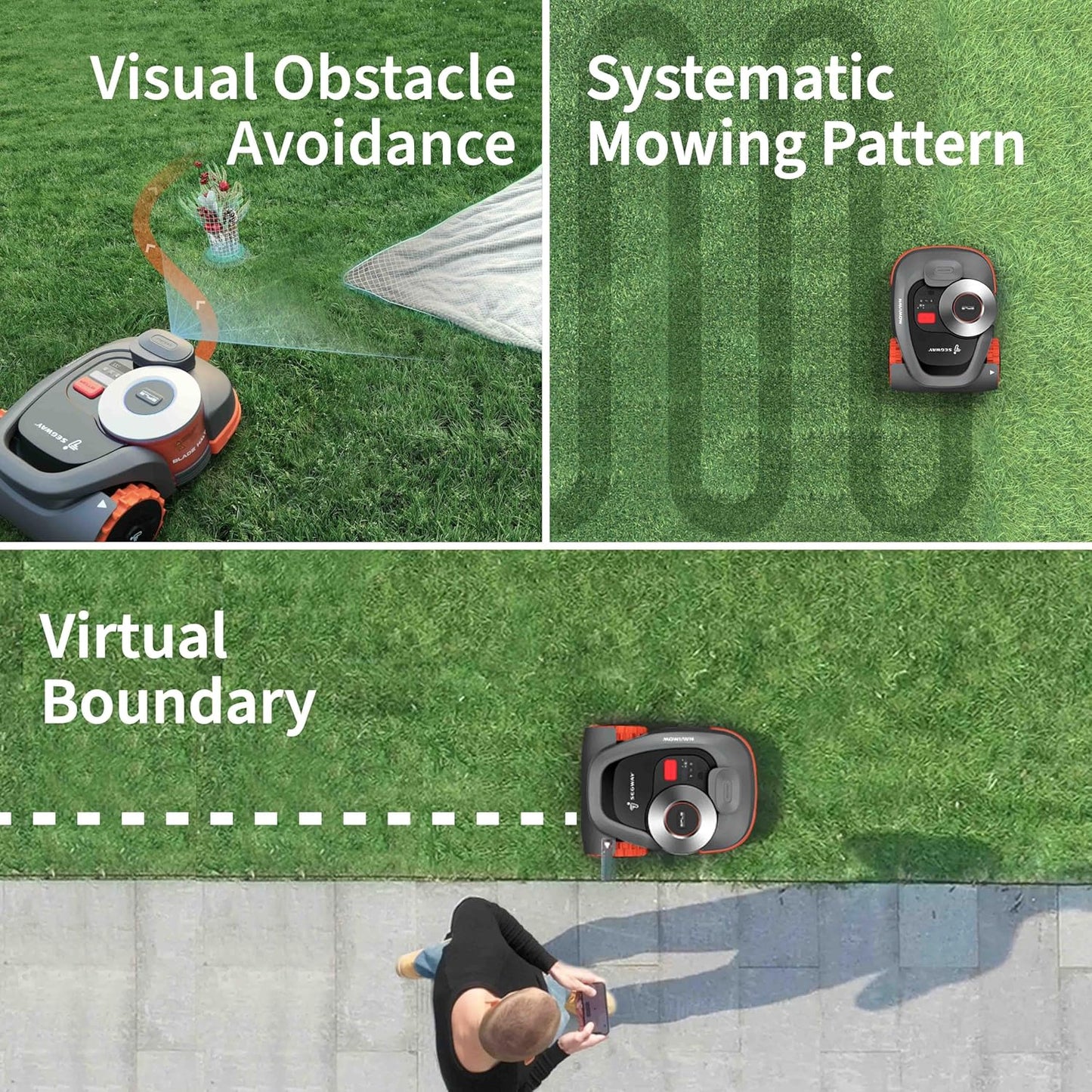 Segway Navimow H3000N-VF Robot Lawn Mower Perimeter Wire Free, 0.74 Acre RTK+Vision Robotic Lawnmower, Virtual Boundary, Systematic Mowing, APP Control, Anti-Theft 54dB(A) Quiet, Multi-Zone Management
