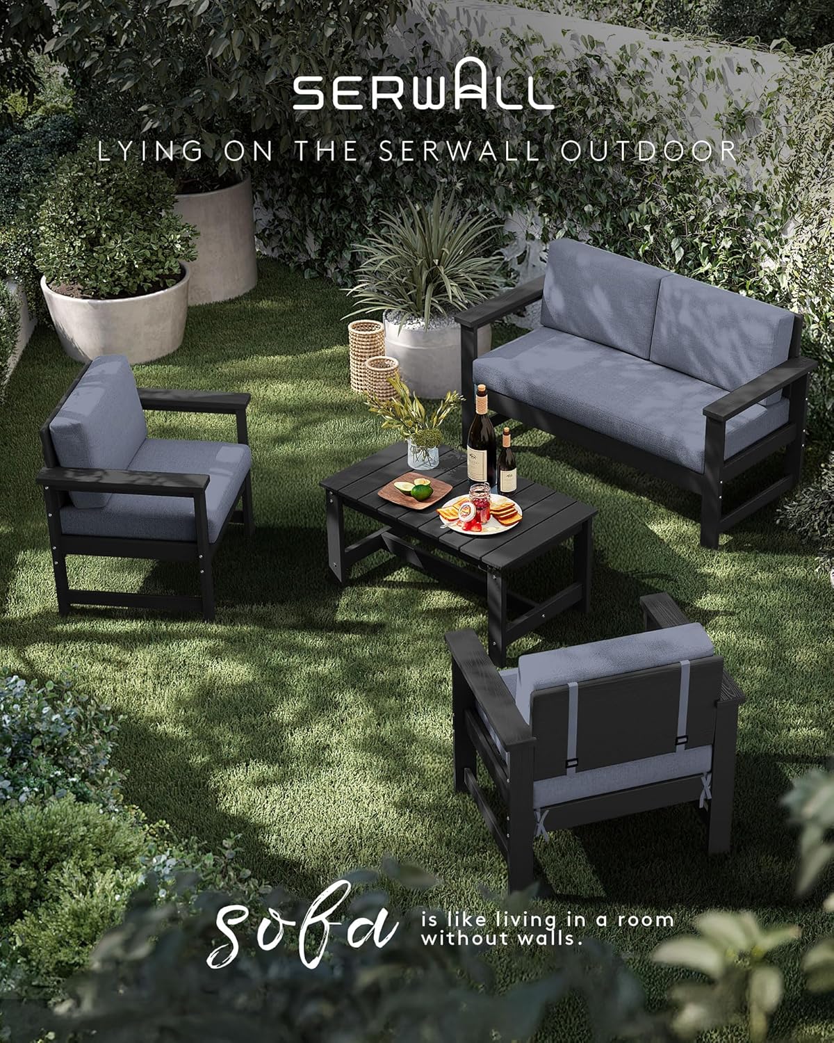SERWALL 5 Pieces HDPE Outdoor Conversation Sofa Set with Cushion, All Weather Couch Loveseat Furniture Set with Pads, Outdoor Social Sofa Coffee Table Set, Black Frame with Grey Cushions