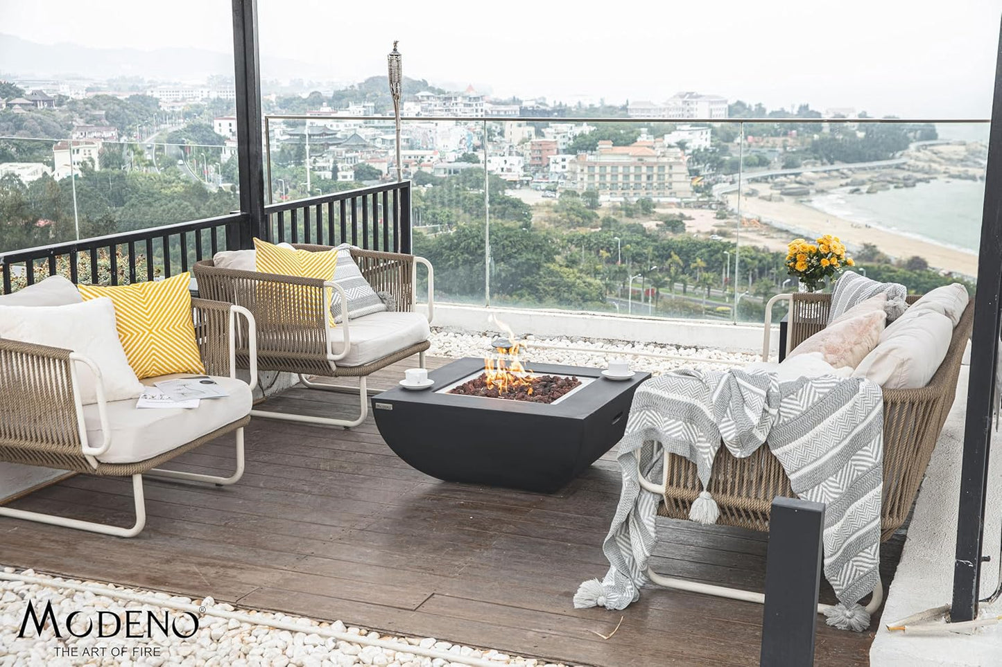 AMS Fireplace | Modeno Aurora Package | Black Natural Gas Fire Pit Table for Outside Patio Bundle with Wind Guard, and SS Burner Lid | Free Rubber Mat & Ice Bucket