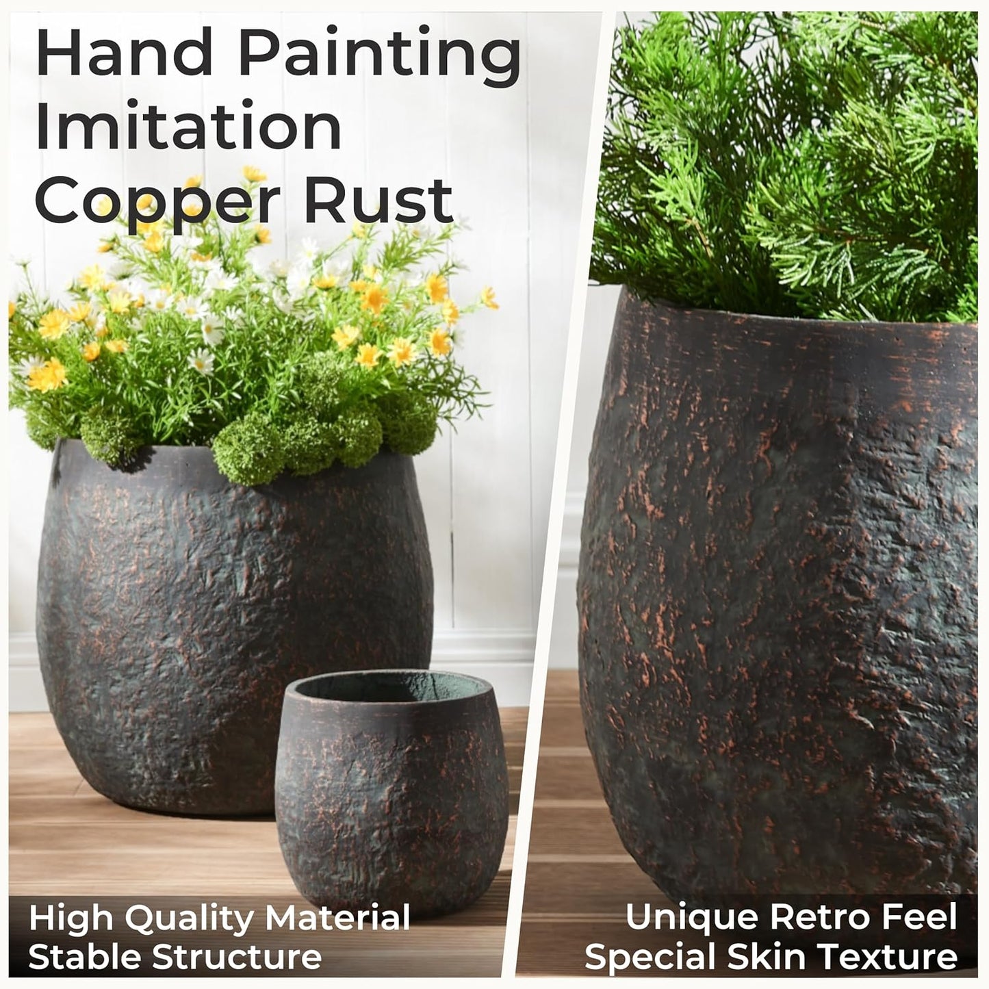 Large Outdoor Planter, 17.32"+12.99"+9.06" Dia Round Weathered Concrete Planter Set of 3, Flower Pots with Drainage Holes, Sealing Plug for Garden, Patio, Home, Office, Greenish Bronze Rust