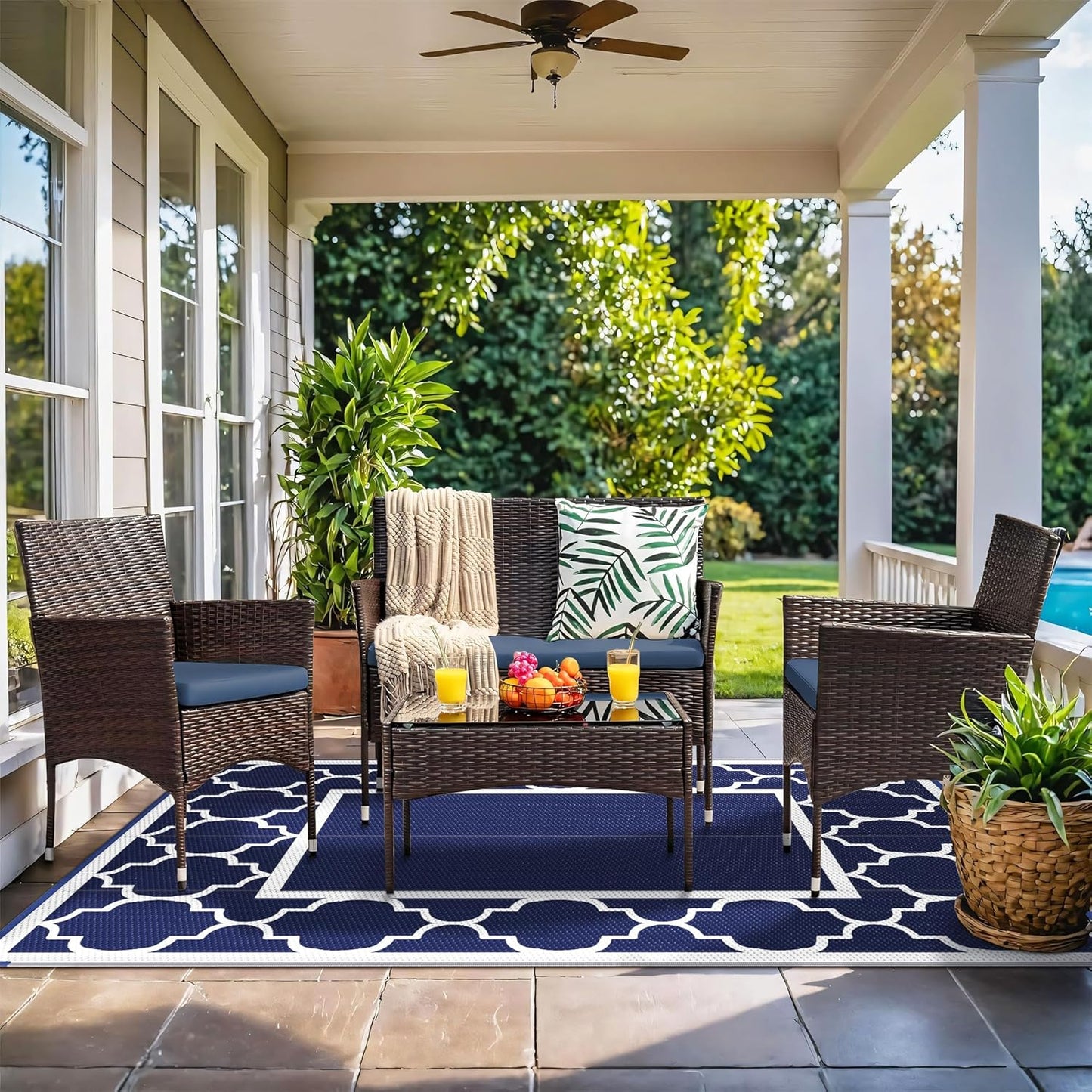 GENIMO 5' x 8' Outdoor Rug Waterproof for Patio Decor, Foldable Reversible Plastic Straw Area Rugs Mat for Camper, Outside Carpet for Rv, Deck, Porch, Picnic, Beach, Balcony, Blue & White