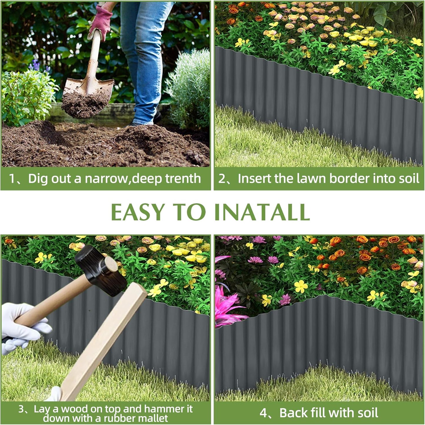 Metal Garden Edging Border, Corrugated Steel Landscaping, DIY for Lawn (Black, 8 Inch x 20FT)
