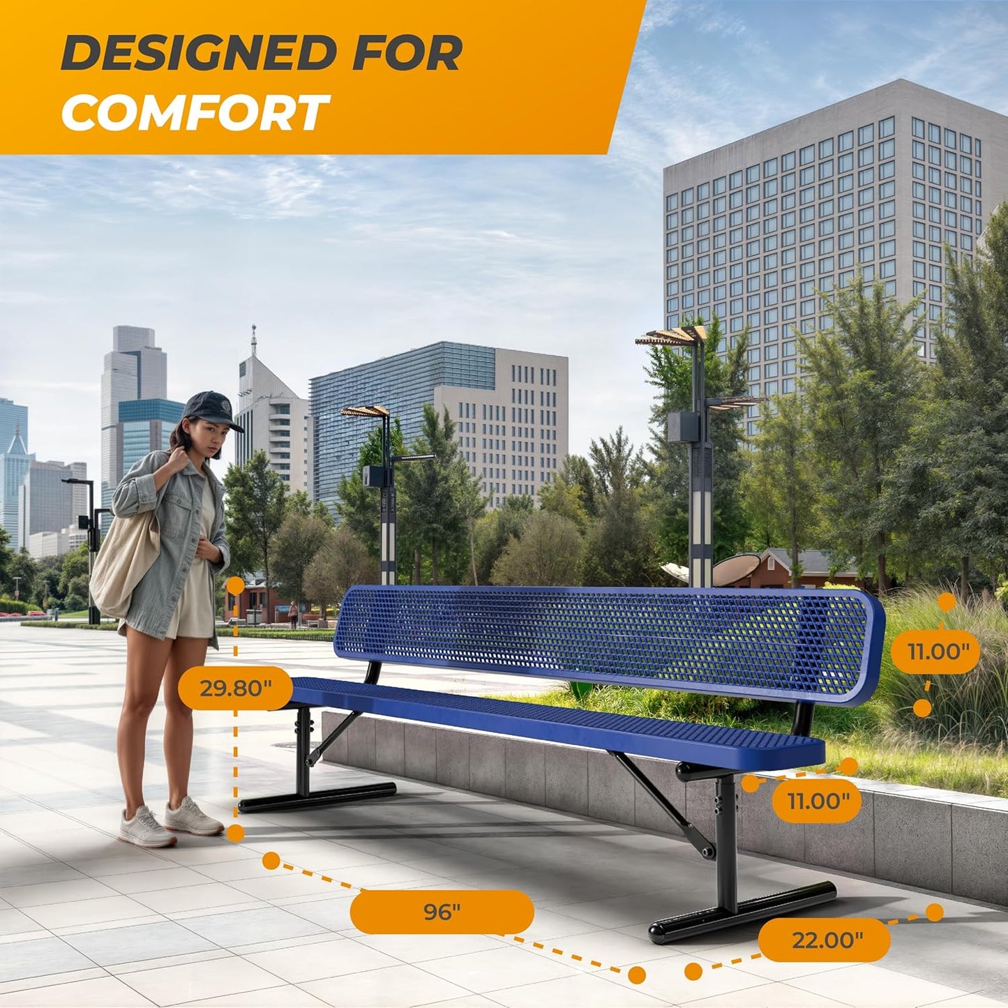 Heavy-Duty Outdoor Metal Bench, Thermoplastic-Coated, Portable, Weatherproof, Commercial-Grade for Parks, Gardens, Patios, Stores & More (8 Ft - Portable with Back, Blue)