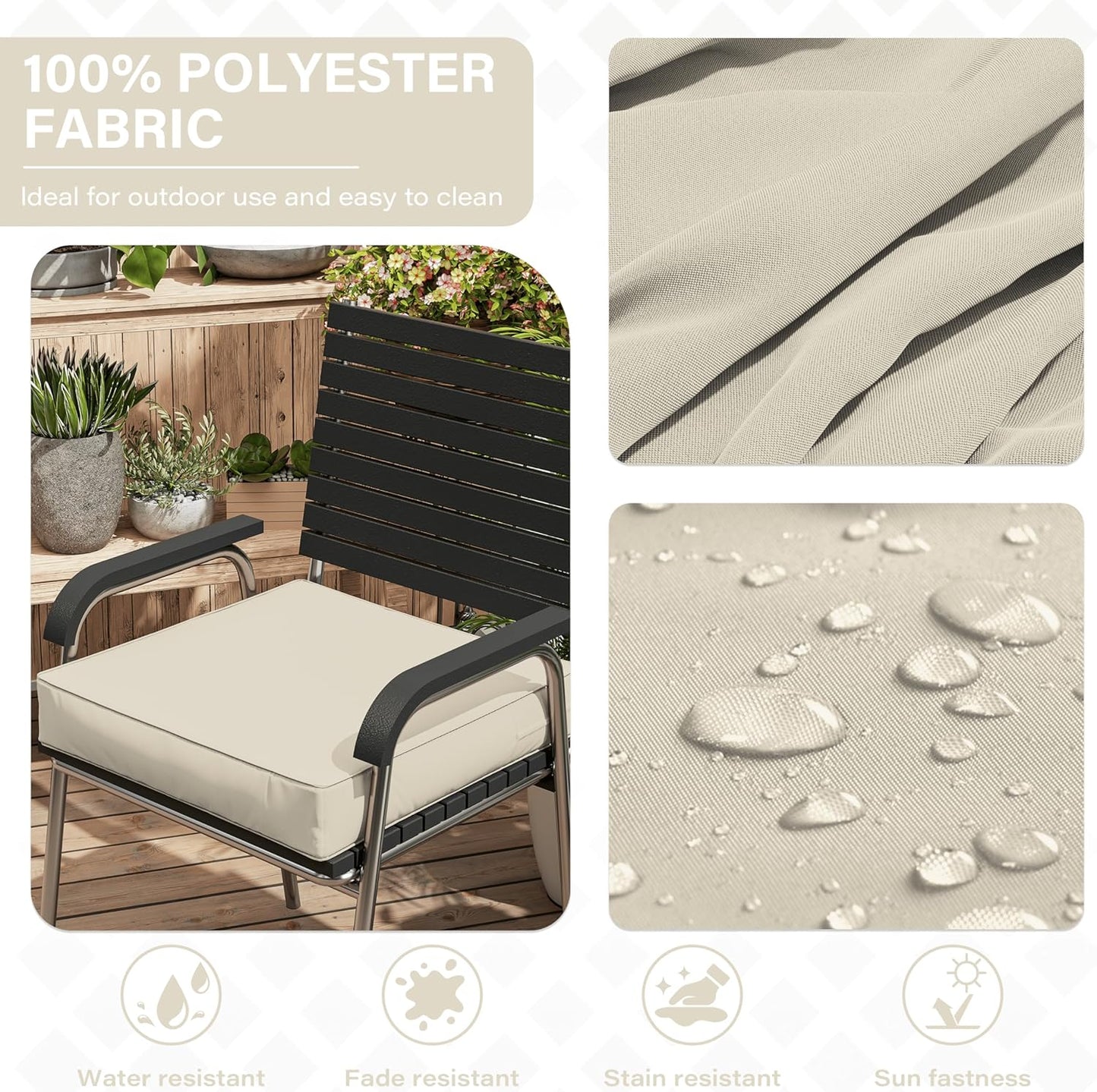 Patio Chair Cushions 18.5 X 16 X 4 Inch Waterproof Outdoor Seat Cushions for Patio Furniture, Outdoor Sofa Couch Pads with Ties & Handle, Set of 2, Cream