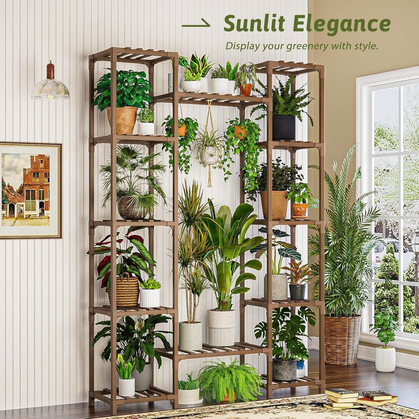 Plant Stand Indoor Outdoor 62.2“ Tall Plant Shelf Large Tiered Flower Stands for Multiple Display Wood Hanging Planter Holder for Living Room Garden Balcony Patio Decor