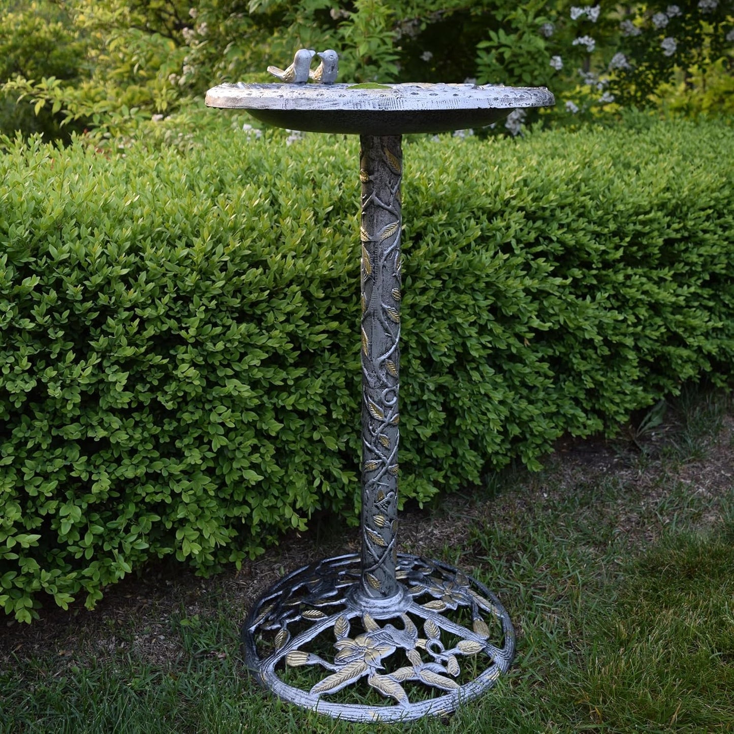 Oakland Living 5131AP Antique Pewter Hummingbird Design Aluminum Birdbath, Silver