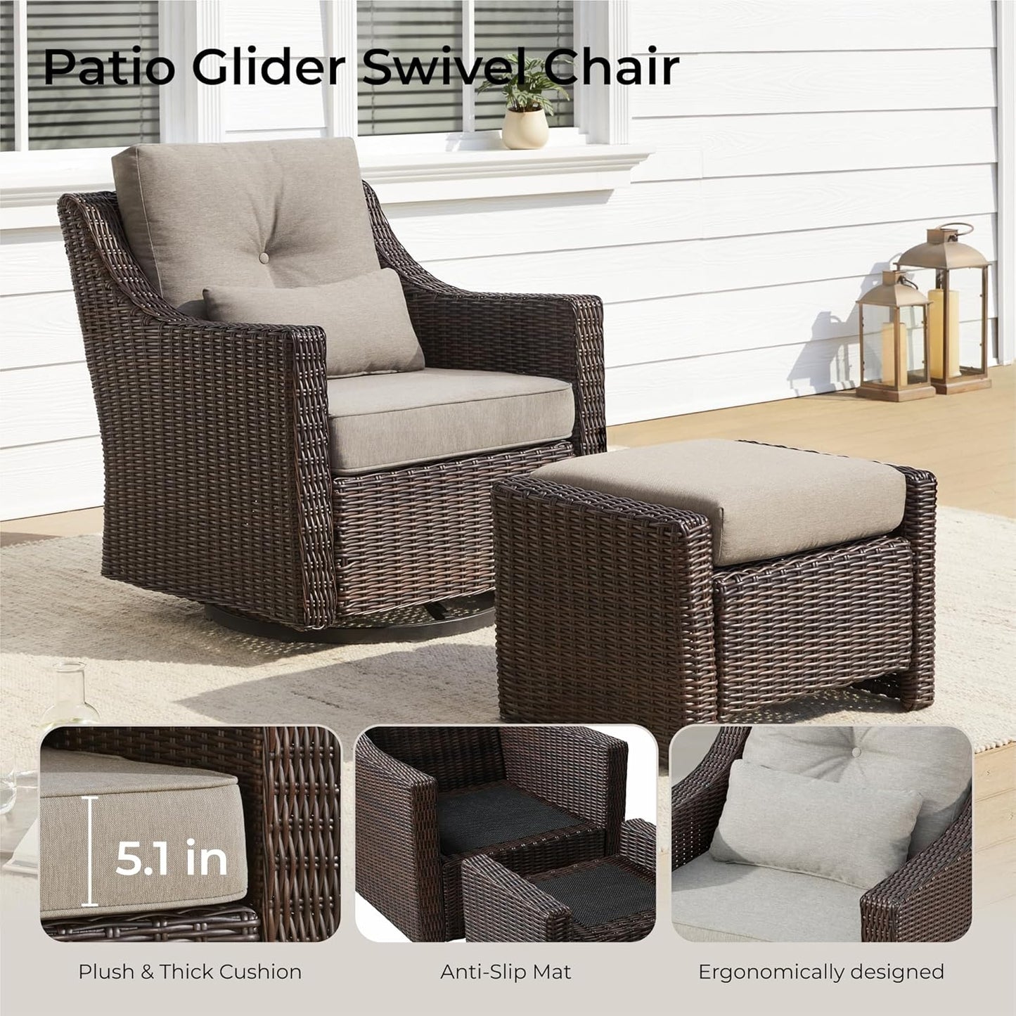 CHITA 2 Pieces Patio Wicker Chairs, 360° Rocking Swivels Outdoor Rattan Chair with Thickened Cushions for Backyard, Poolside, Garden or Porch
