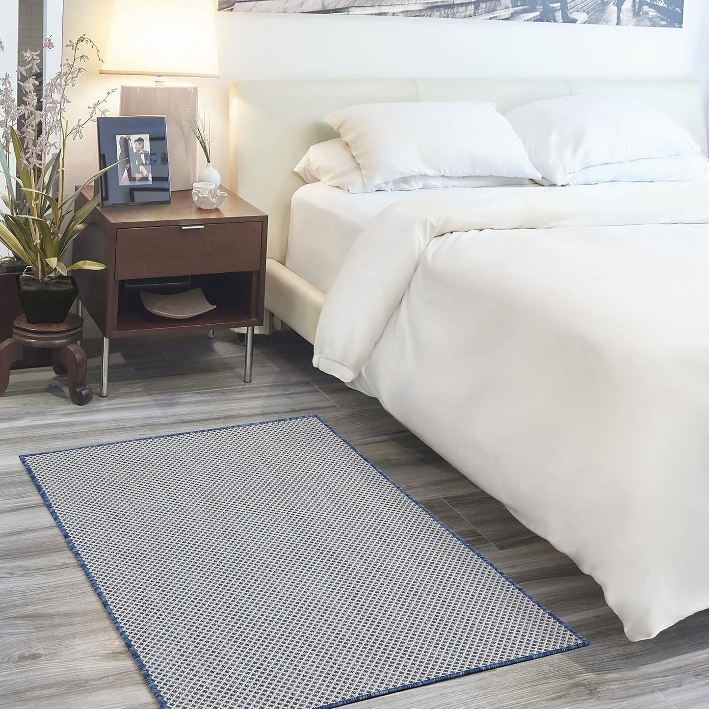 Nourison Courtyard Indoor/Outdoor Ivory Blue 3' x 5' Area Rug, Geometric, Easy Cleaning, Non Shedding, Bed Room, Living Room, Dining Room, Deck, Patio, Backyard (3x5)