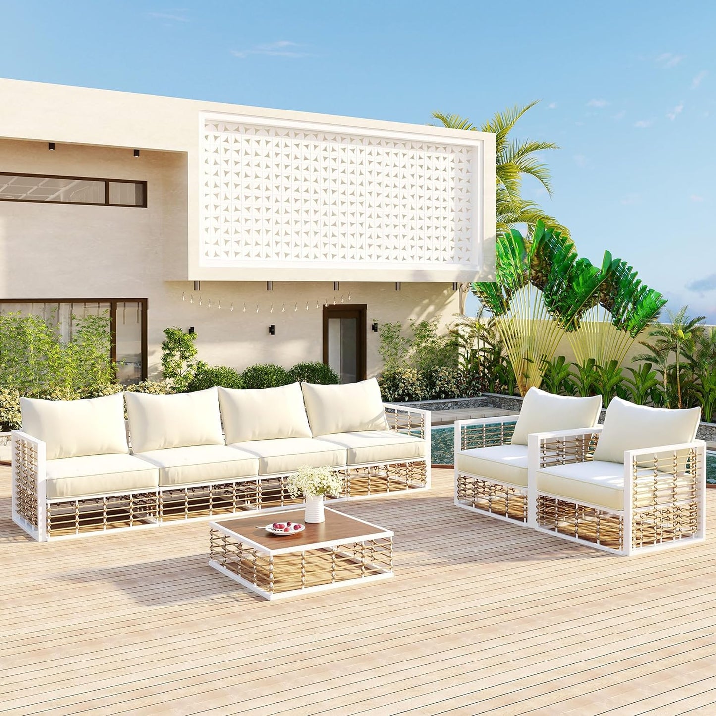 7-Piece Metal Patio Sectional Sofa Set, Free Combination Sofa Set with Coffee Table, All-Weather Garden Conversational Furniture Set with Thick Cushions and 8 Pillows (White Frame+Beige Cushion)