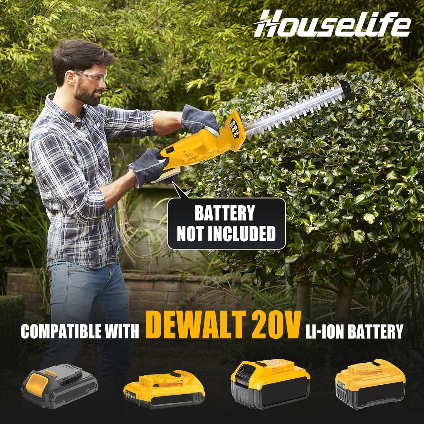 Houselife Cordless Hedge Trimmer Compatible with Dewalt 20V MAX Battery(Tool Only), 18'' Electric Hedge Trimmers Cordless, Lightweight Battery Powered Bush Trimmer for Yard, Garden