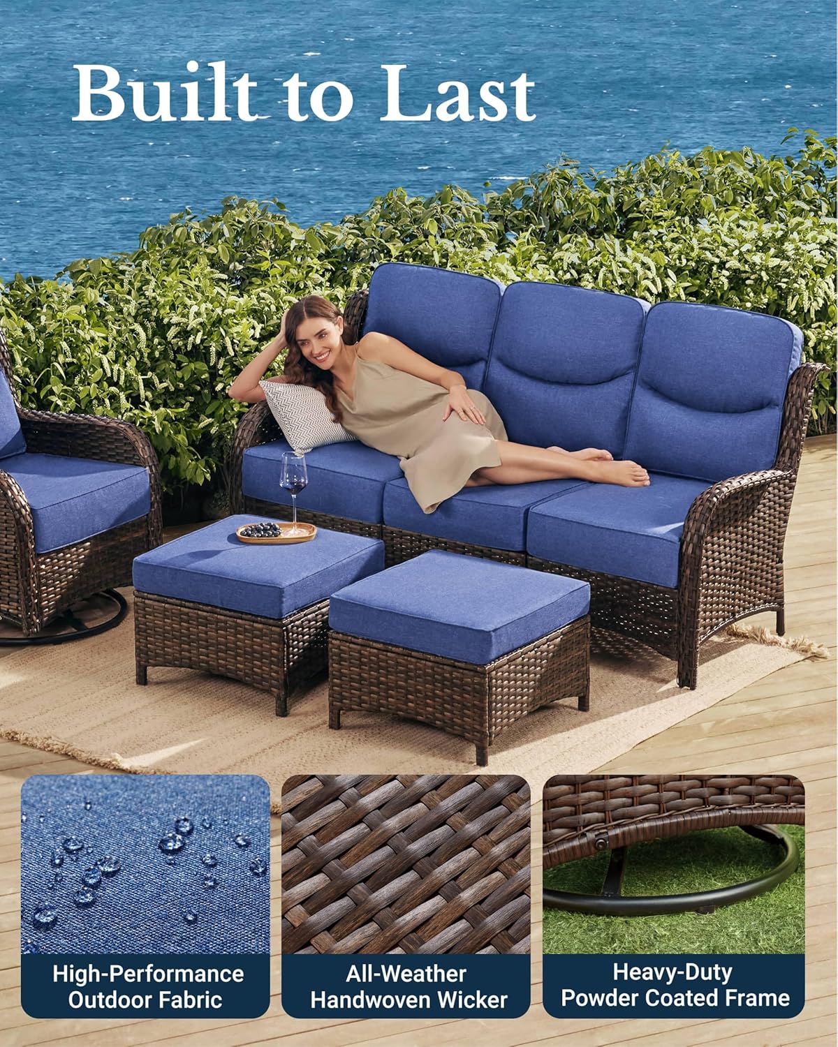 HILLGA Luxury Patio Furniture Set with 6-inch Thick Cushion, Outdoor Sectional Sofa and Coffee Table, 2PCS Wicker Conversation Set for Deck Yard and Poolside, Blue (V2)