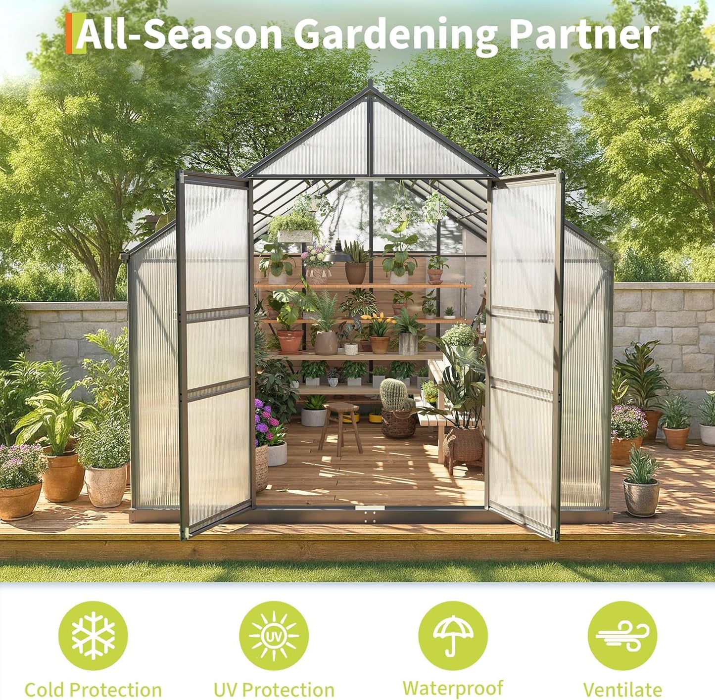 8*12 FT Outdoor Walk-in Greenhouse, Polycarbonate Green House, Heavy Duty Greenhouse with Vented Roof Window, Windproof Aluminum Frame, Suitable for Outside Gardening, Backyard, Patio