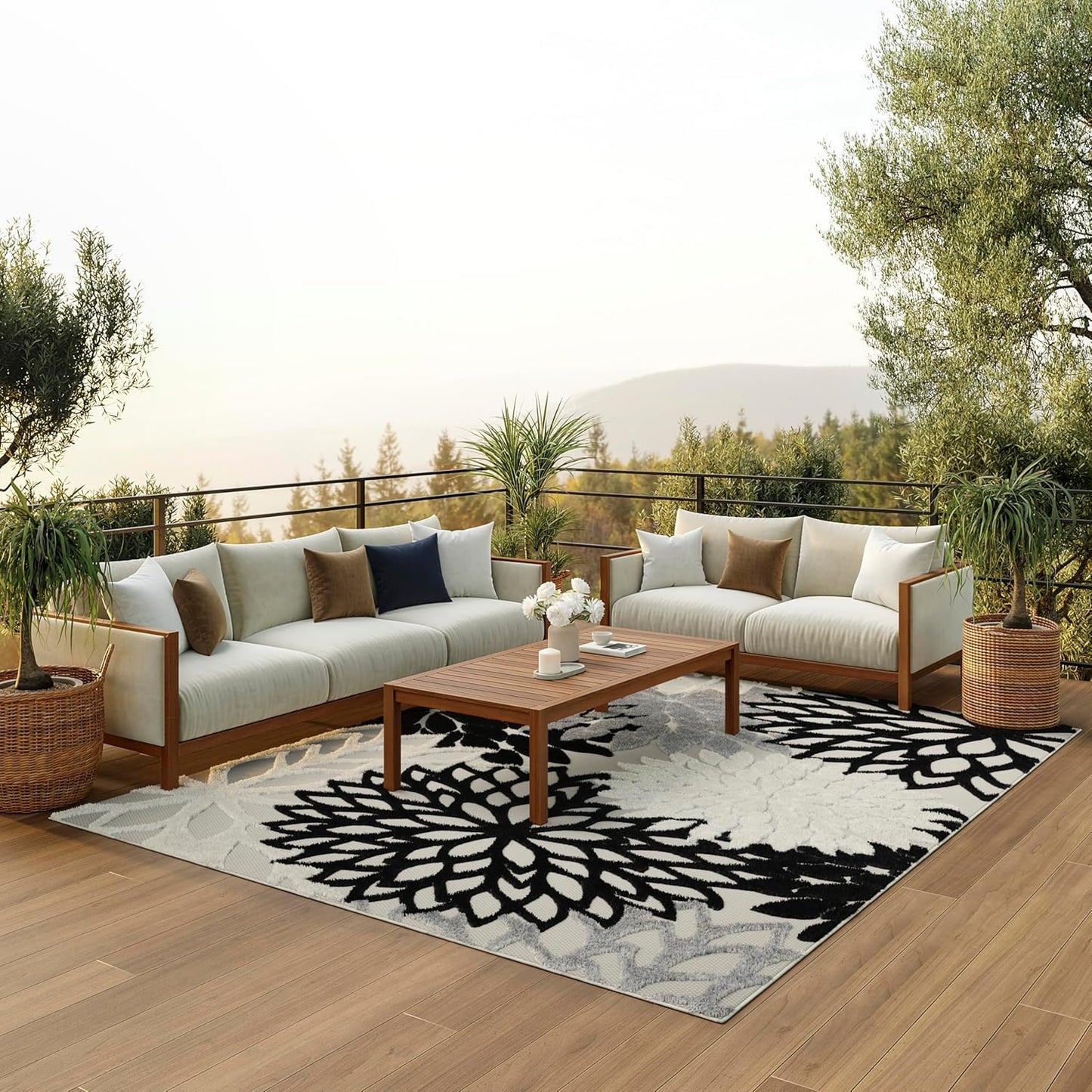 Nourison Aloha Indoor/Outdoor Black White 9' x 12' Area Rug, Tropical, Botanical, Easy Cleaning, Non Shedding, Bed Room, Living Room, Dining Room, Deck, Backyard, Patio (9x12)