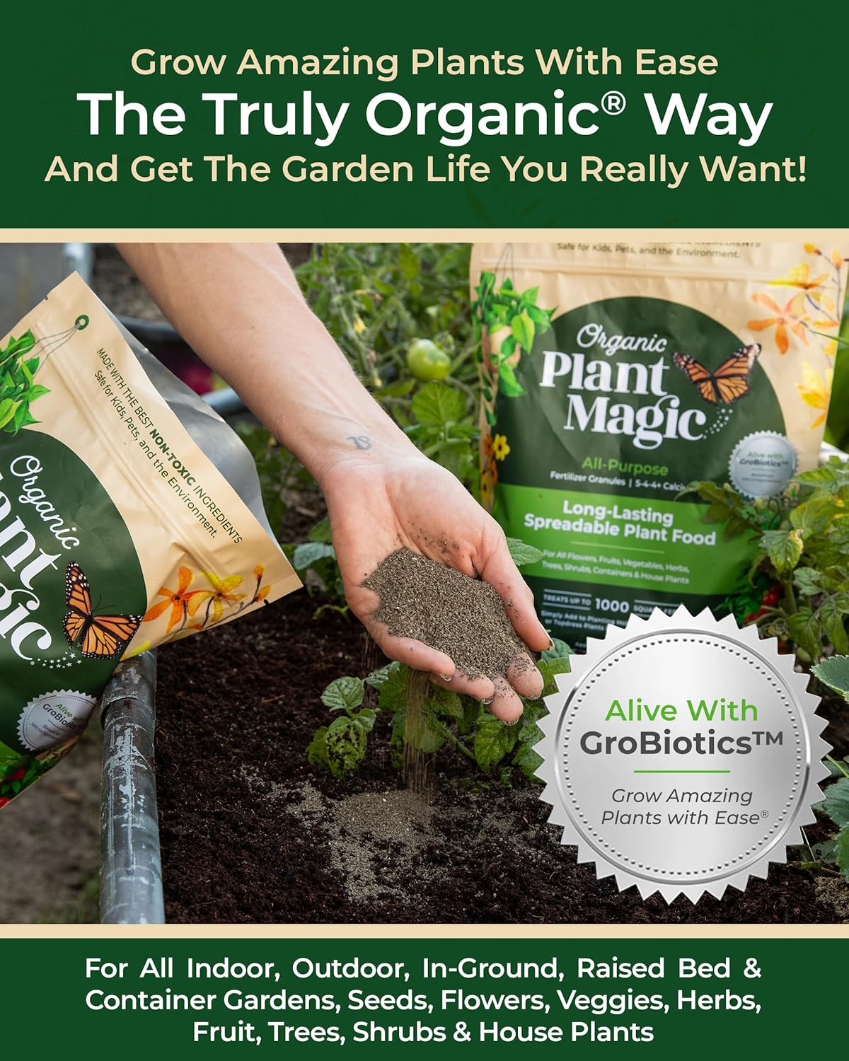 Organic Plant Magic - Truly Organic™ Slow Release Granular Fertilizer: Long-Lasting Plant Food Granules - Indoor & Outdoor Flowers, Vegetable Gardens, Fruit Trees, Shrubs, House Plants (Two 4 lb Bags)