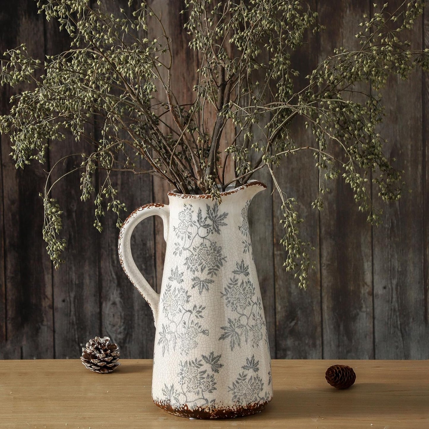 Enra Blue and White vase with Handle,12.2 inch Ceramic Vintage Decorative Flower Pitcher vase, Chinoiserie Floral Vase,Large Rustic Vases for Home Decors, Living Room, Bookshelf, Office
