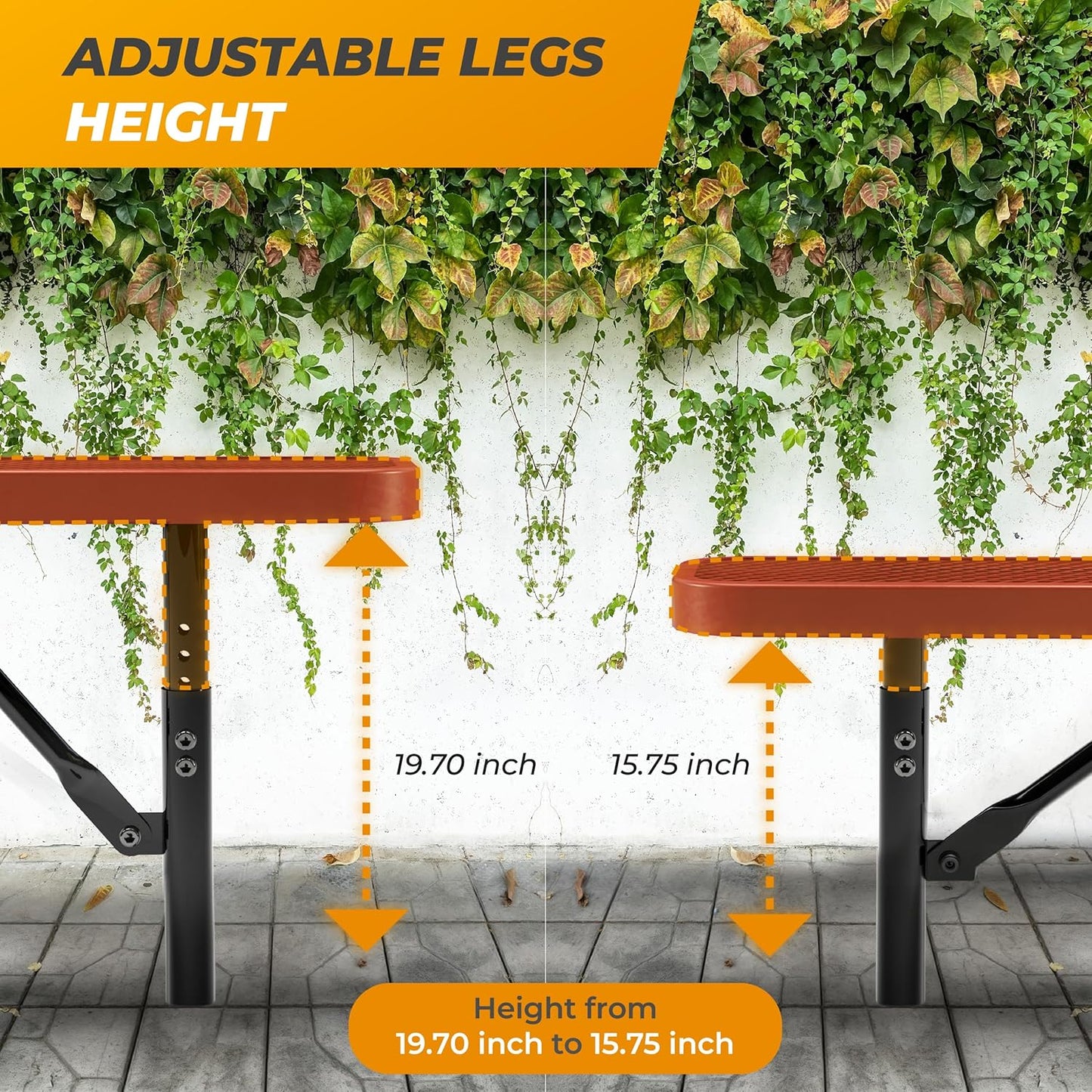 Heavy-Duty Outdoor Metal Bench, Thermoplastic-Coated, Inground, Weatherproof, Commercial-Grade for Parks, Gardens, Patios, Stores & More (8 Ft - Inground, Red)