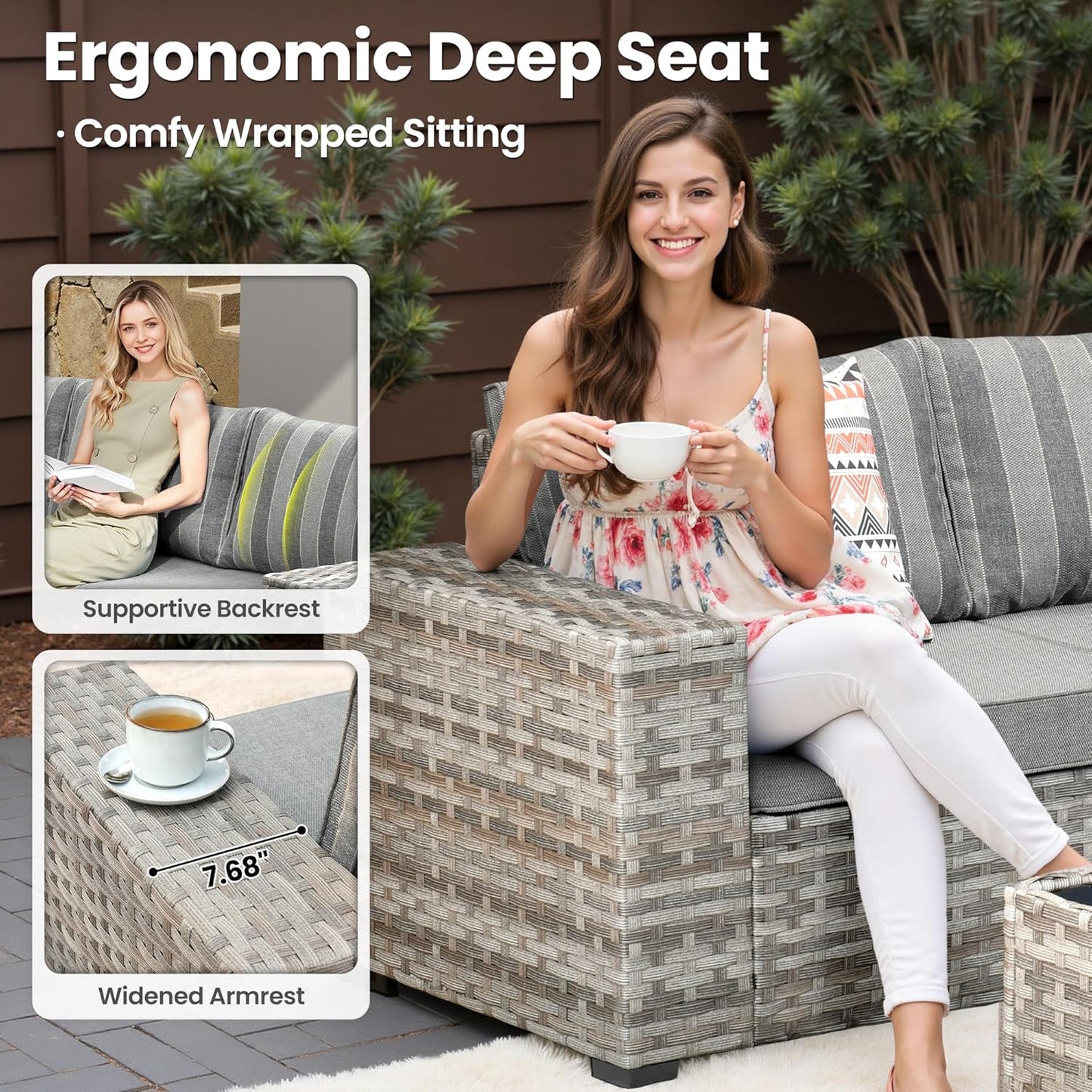 ovios 12 Pieces Patio Furniture Set, Outdoor Wicker Sectional Sofa with Glass Table Comfy Cushions, Modern Modular Deep Seat Couch Rattan Conversation Set, Dark Gray Stripe