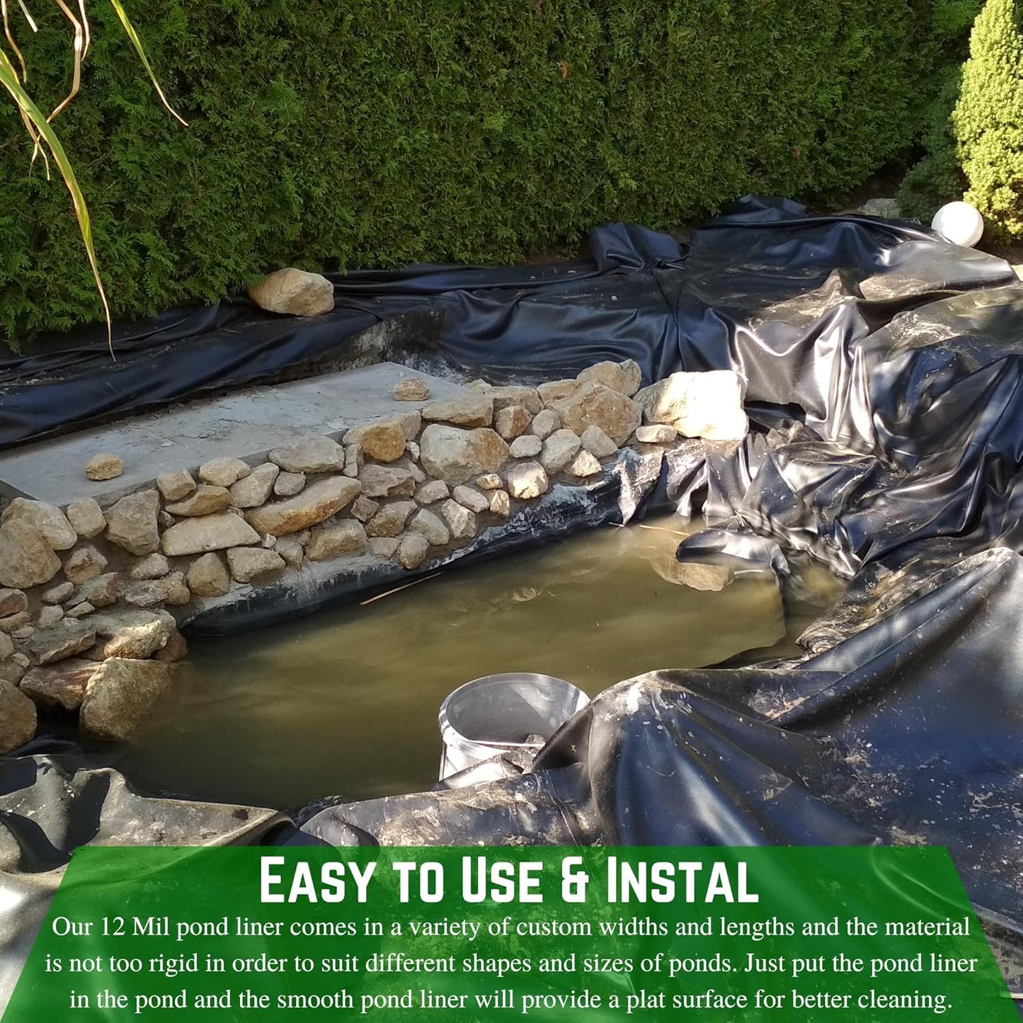 Farm Plastic Supply - 12 Mil String Reinforced Black/White Pond Liner - 12 Mil Fish Pond HDPE Liner, Pond Liners for Outdoor Ponds, Koi Ponds, Garden Fountain, Containment Liner (12' x 20')