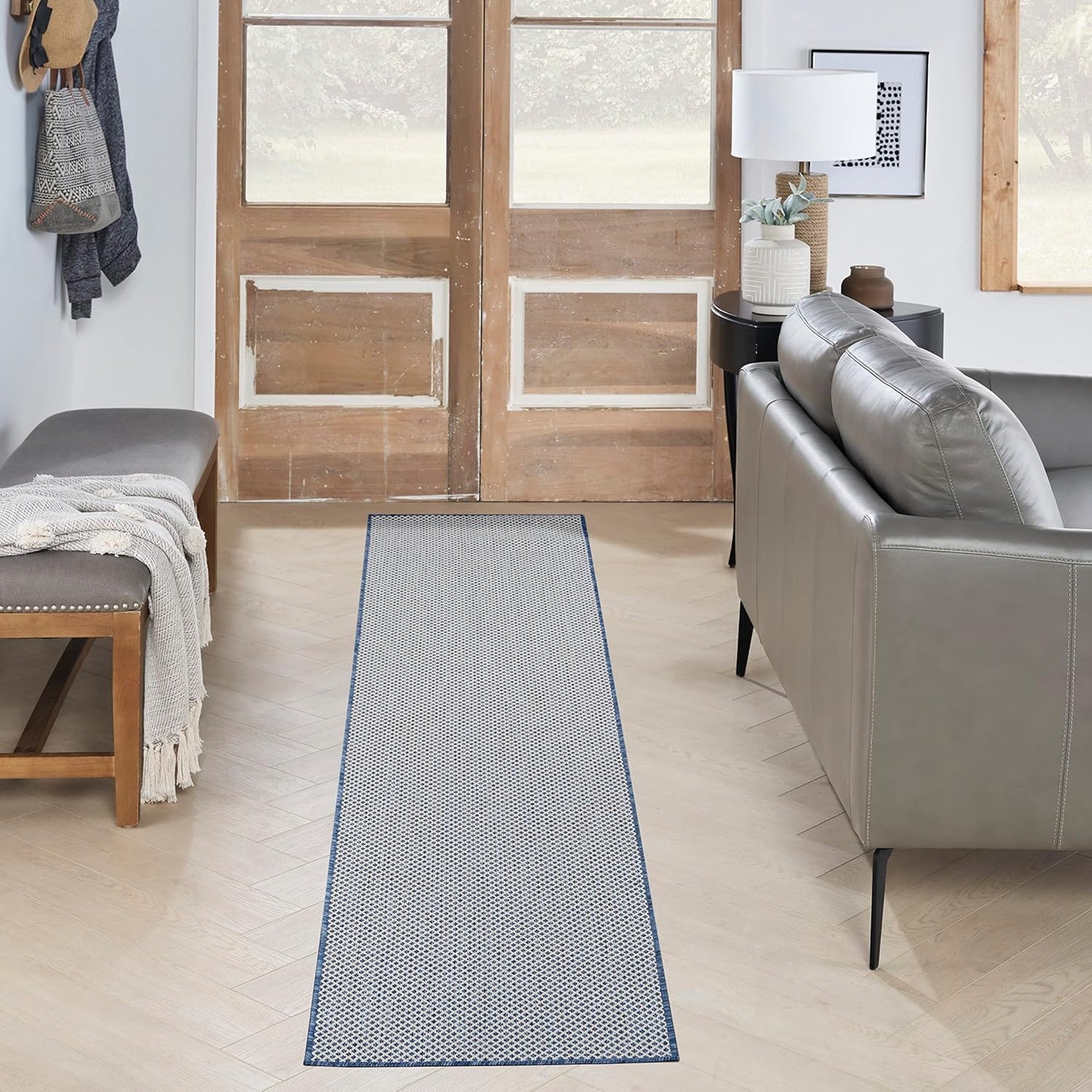 Nourison Home Courtyard Indoor/Outdoor Ivory Blue 2'2" x 8' Area Rug, Easy Cleaning, Non Shedding, Bed Room, Living Room, Dining Room, Backyard, Deck, Patio (2x8)