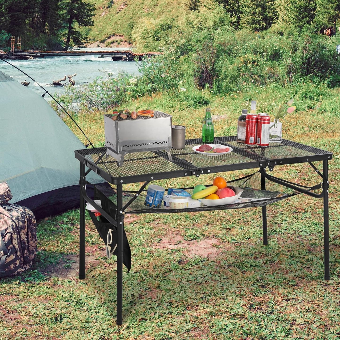 RedSwing Folding Grill Table, Lightweight Portable Grill Stand Table for Outdoor Camping Picnic BBQ, Adjustable Height, 48''x24''x16/28'', Black