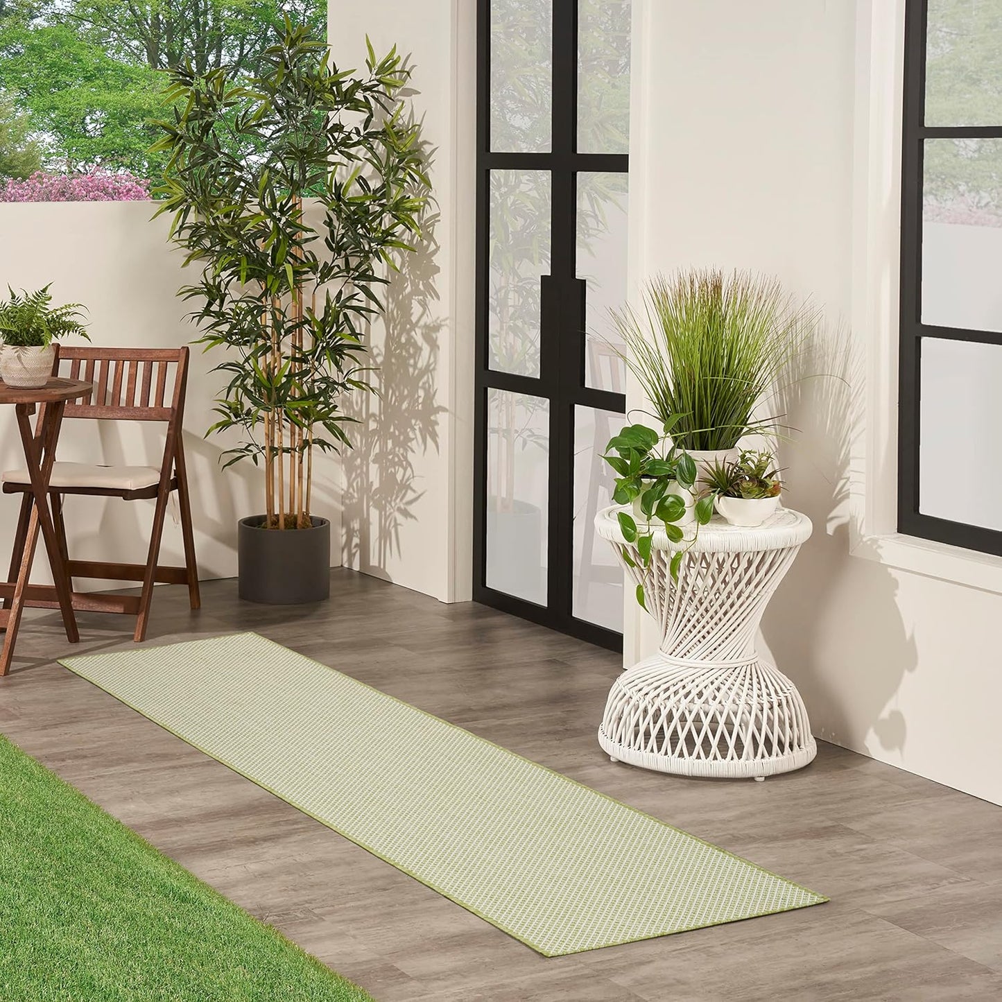Nourison Home Courtyard Indoor/Outdoor Ivory Green 2'2" x 8' Area Rug, Easy Clean, Non Shedding, Bed Room, Living Room, Dining Room, Backyard, Deck, Patio (2x8)