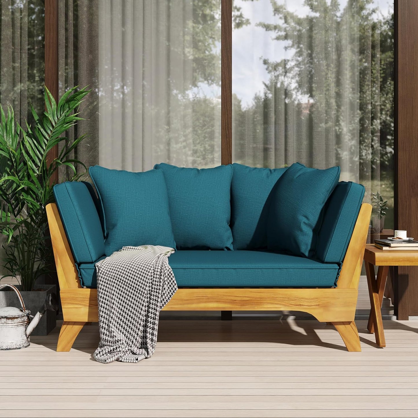 Outdoor Adjustable Patio Wooden Serene Daybed Sofa Chaise Lounge with Cushions for Small Places, Sleeper Chair with Armrest for Backyard, Poolside (Blue)