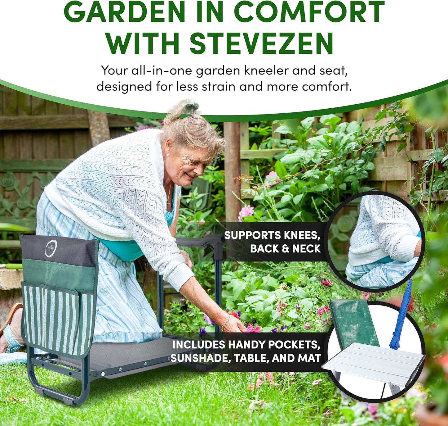 Garden Kneeler Seat Bench, Garden Kneeling Bench with Sunshade Umbrella, Ergonomic Handles, Folding Table, and Potting Mat, 10.2" Foam Knee Seat, Loading Capacity 330 Lbs