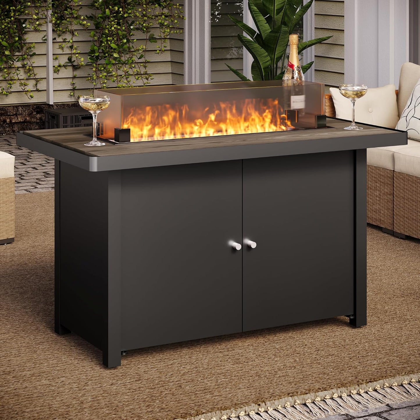 LAUSAINT HOME Propane Fire Pit Table 43 Inch with Lid, 55,000 BTU Gas Fire Pits for Outside Patio with Glass Wind Guard, Gray Glass Beads